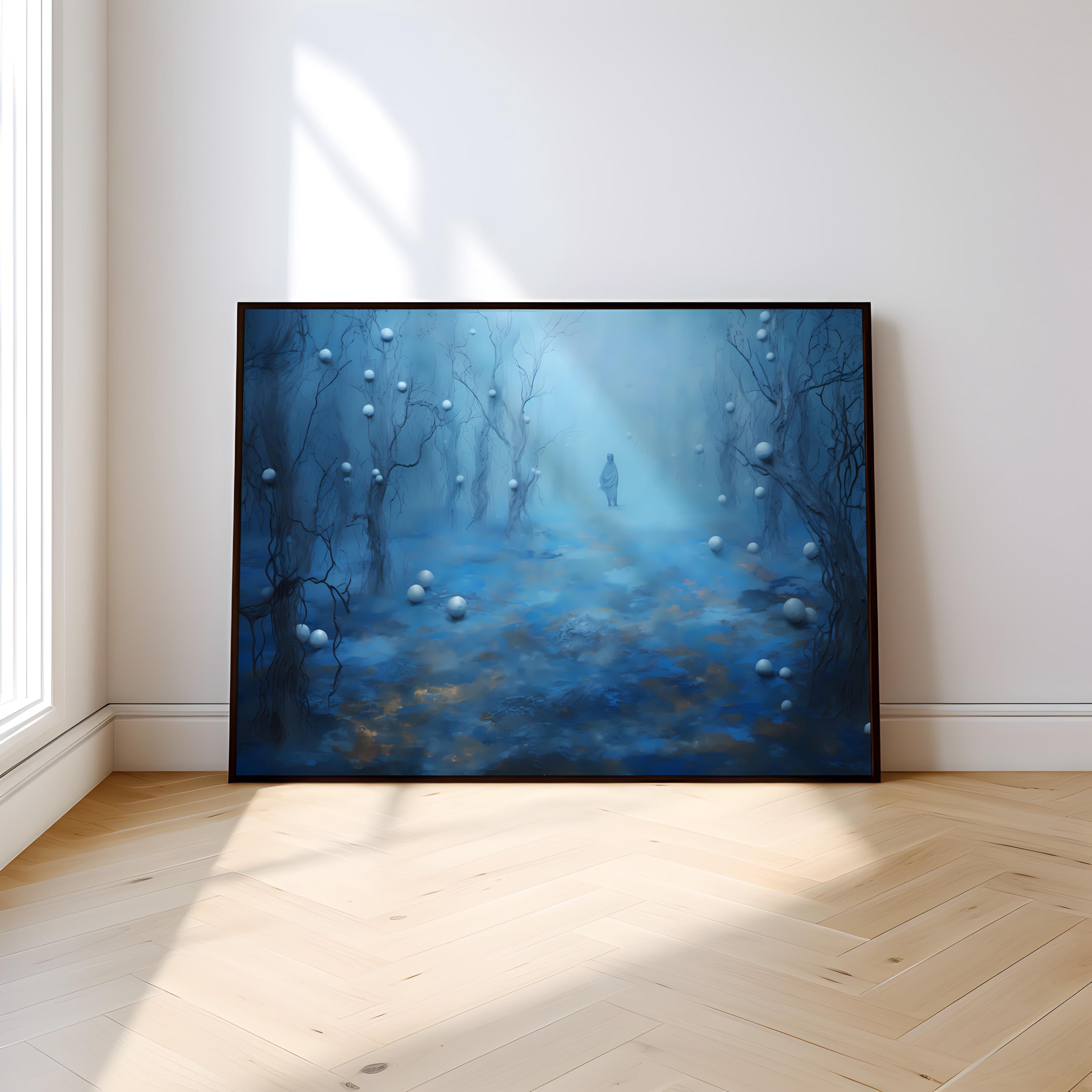 Mystical Forest Path Art Print | Framed Impressionist Blue & Gold Wall Decor