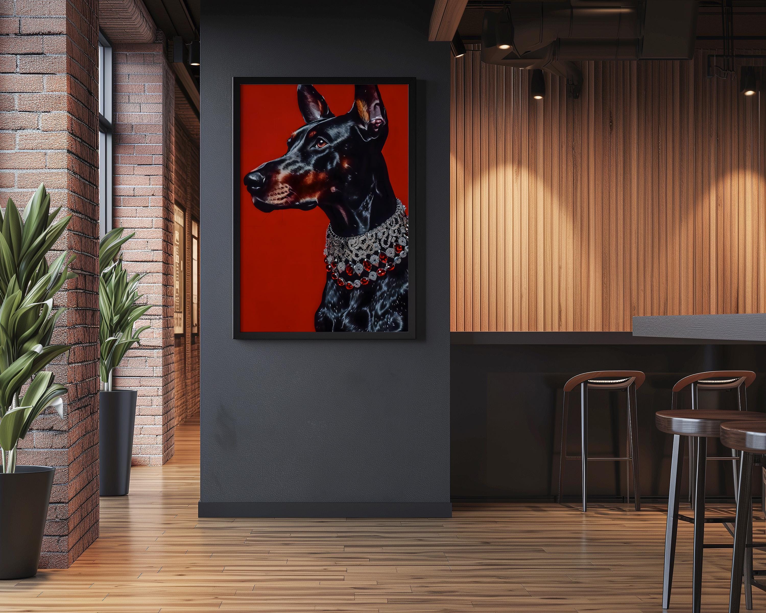 The Guardian: Black Doberman Pinscher Portrait with Red Gem Collar | Regal & Elegant Dog Art