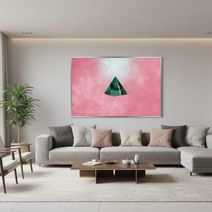 a modern living room with a gray sectional sofa, a wooden coffee table, and a large abstract painting hanging on the wall above the sofa.