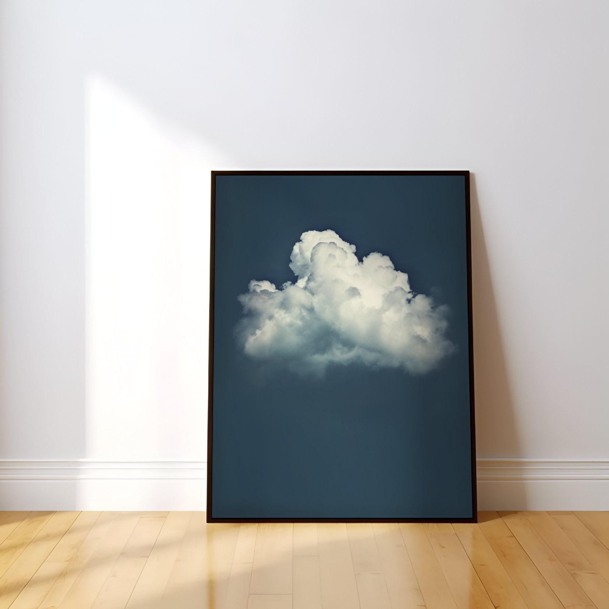 The Solitary Cloud: Vintage Moody Blue Sky Art | Minimalist & Serene Wall Decor