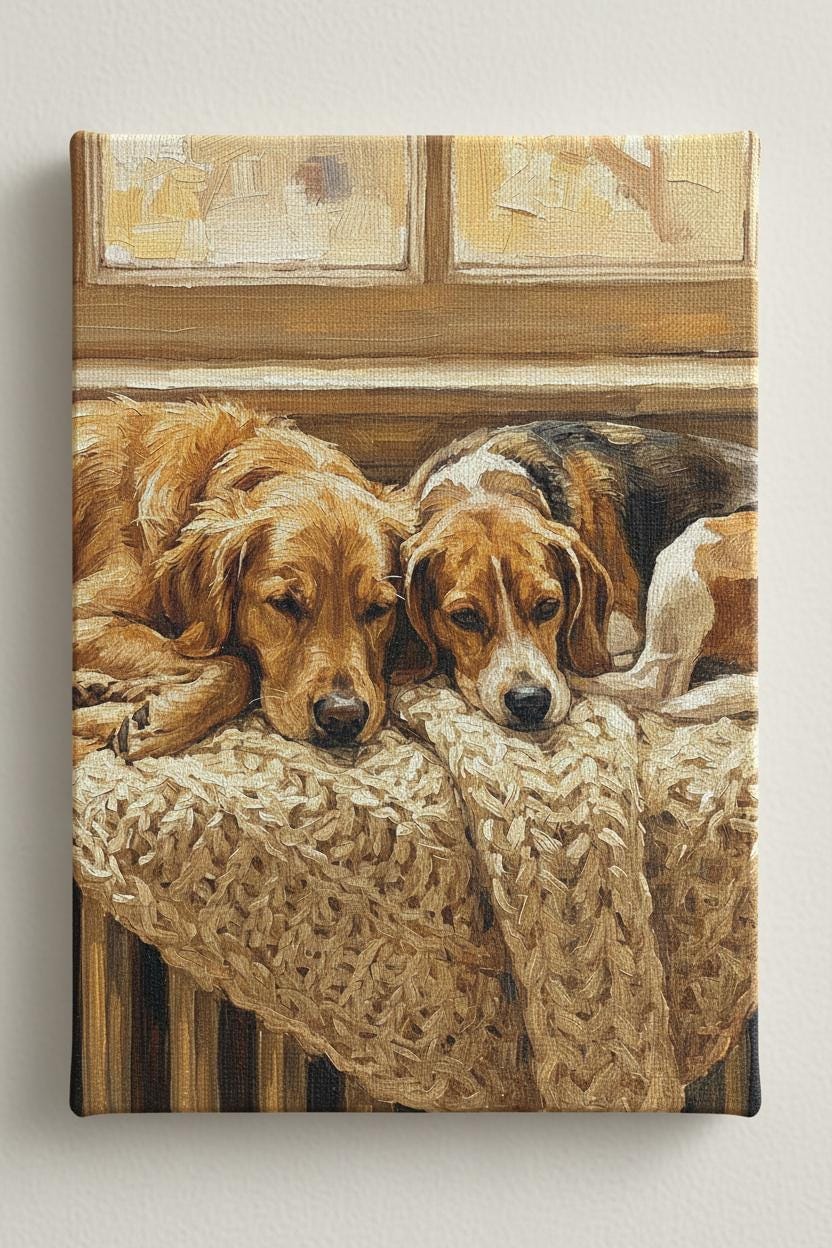 Golden Retriever & Beagle Wall Art: Cozy Rustic Dog Print