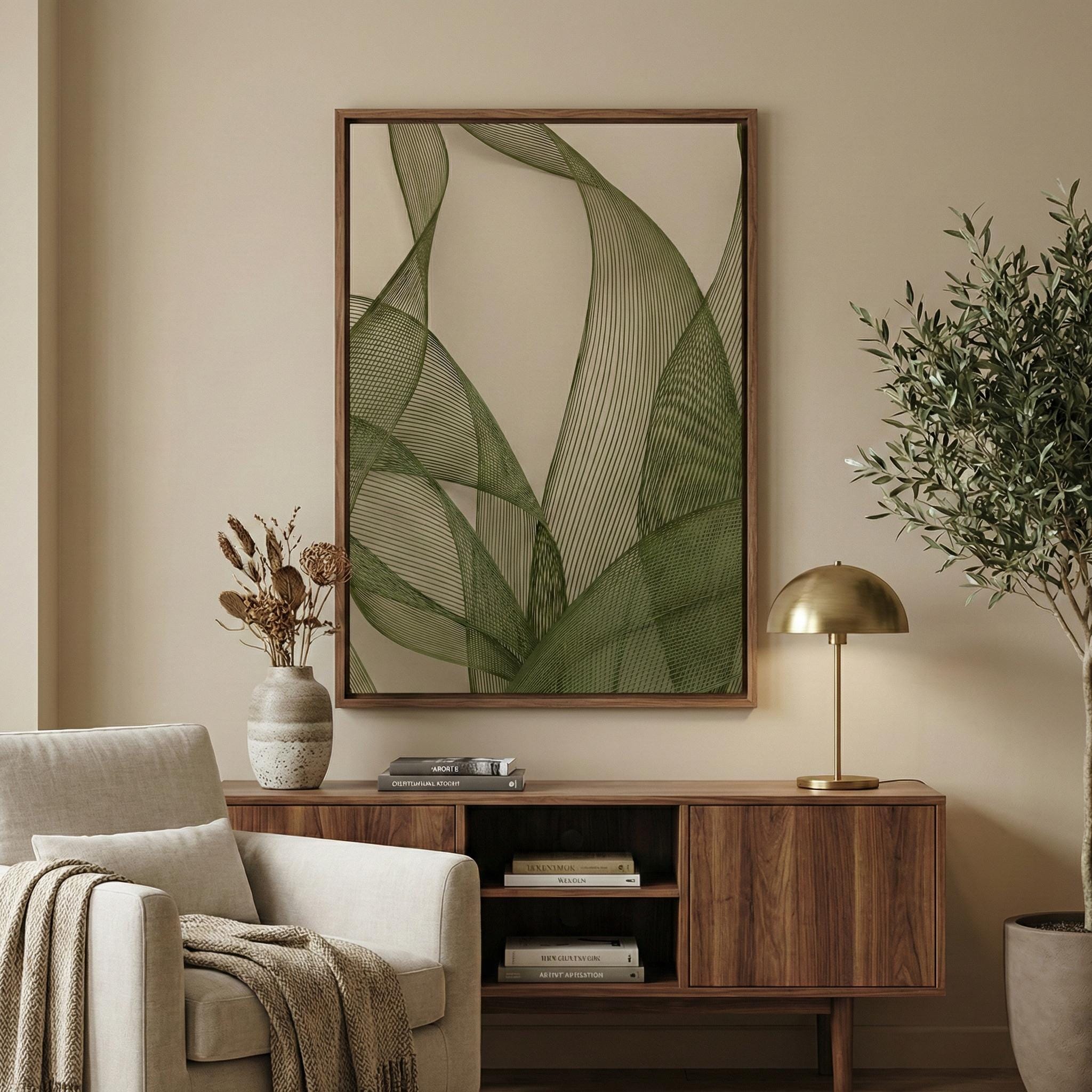 Abstract Olive Green Wall Art: Modern Sage and Beige Mesh Print