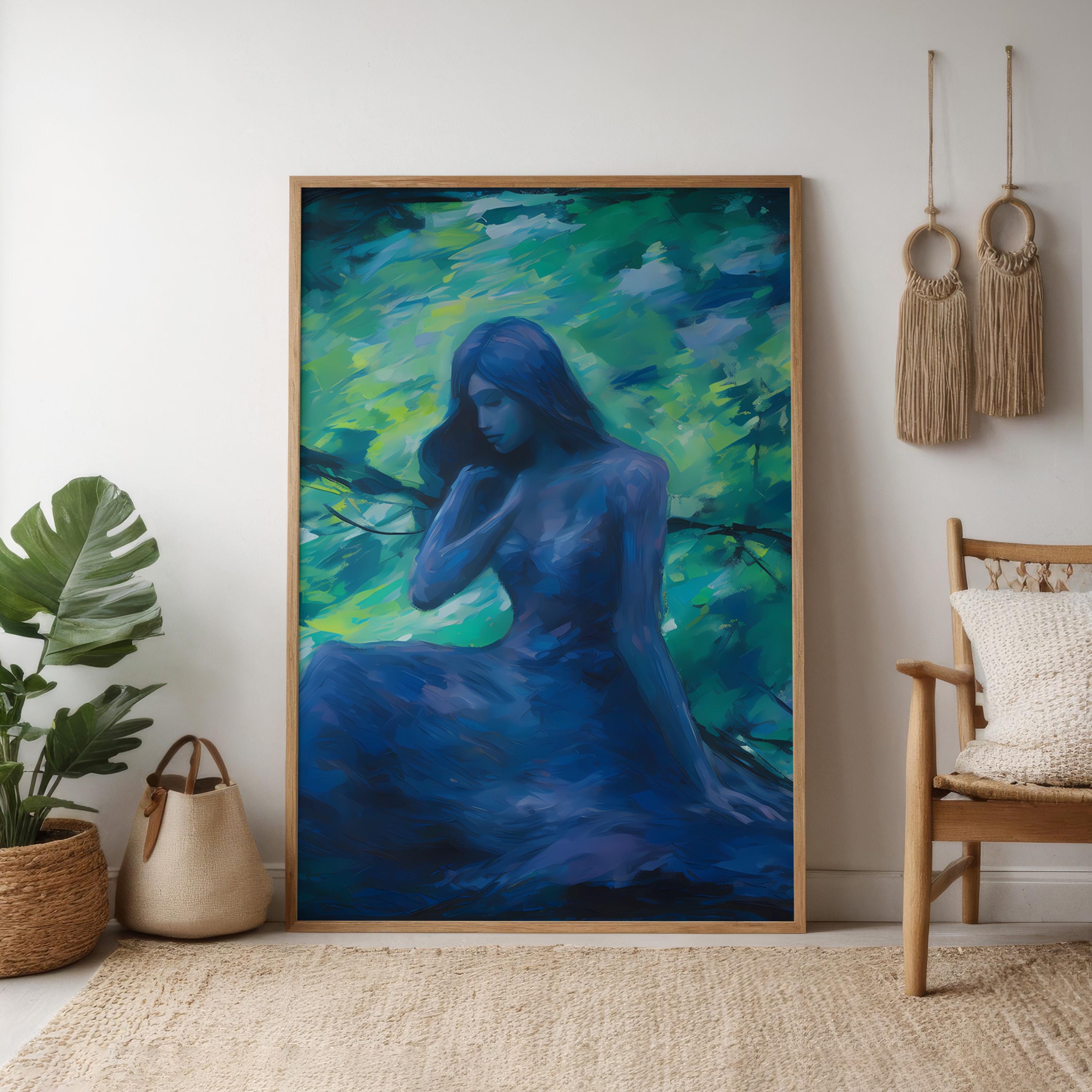 Emerald Forest Whispers: Mystical Impressionist Art Print | Ethereal Blue & Green Framed Wall Decor