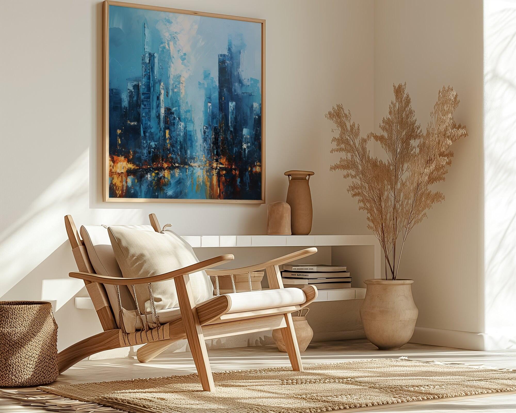 City of Memory: Abstract Impressionist Cityscape | Blue & Gold Urban Wall Art