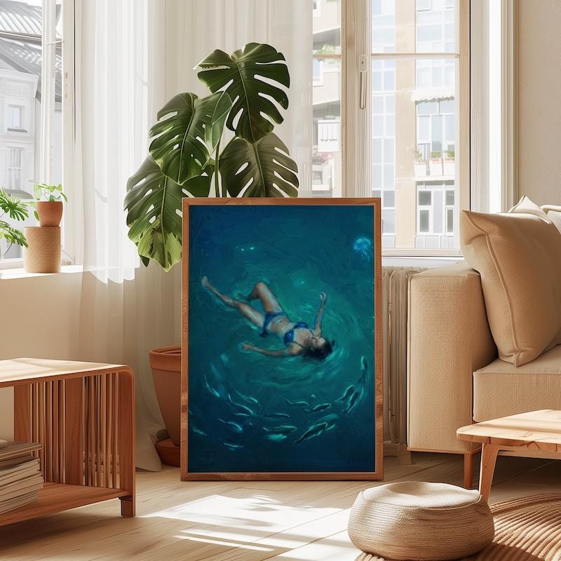 Night Swim Wall Art: Glowing Jellyfish - Moody Ocean Scene