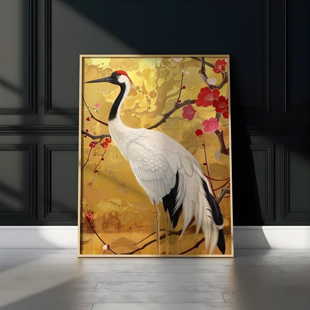 Graceful Crane Wall Art: Vibrant Floral Canvas with QR Code
