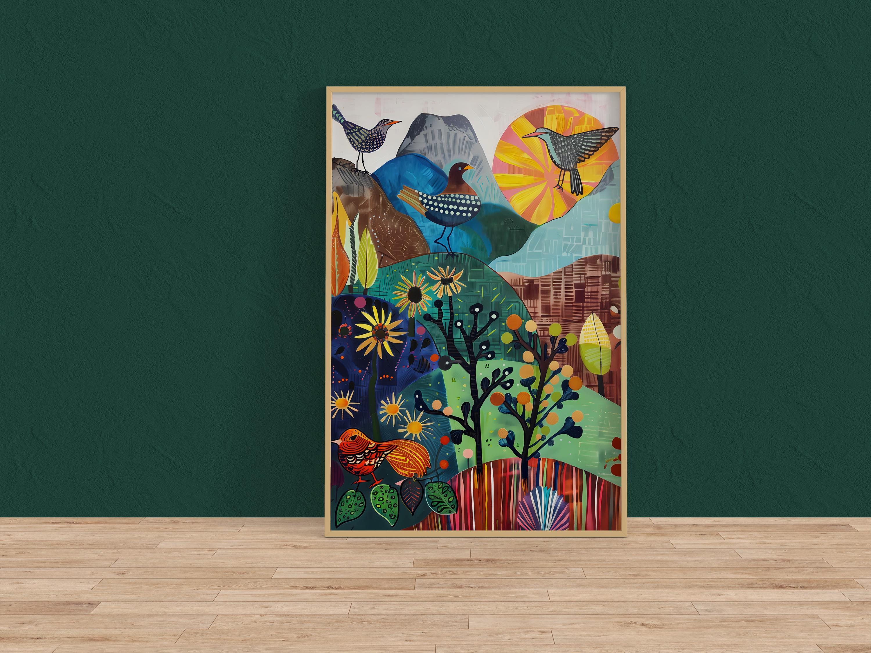 Little Green Valley Wall Art: Serene Birds and Mountain Landscape