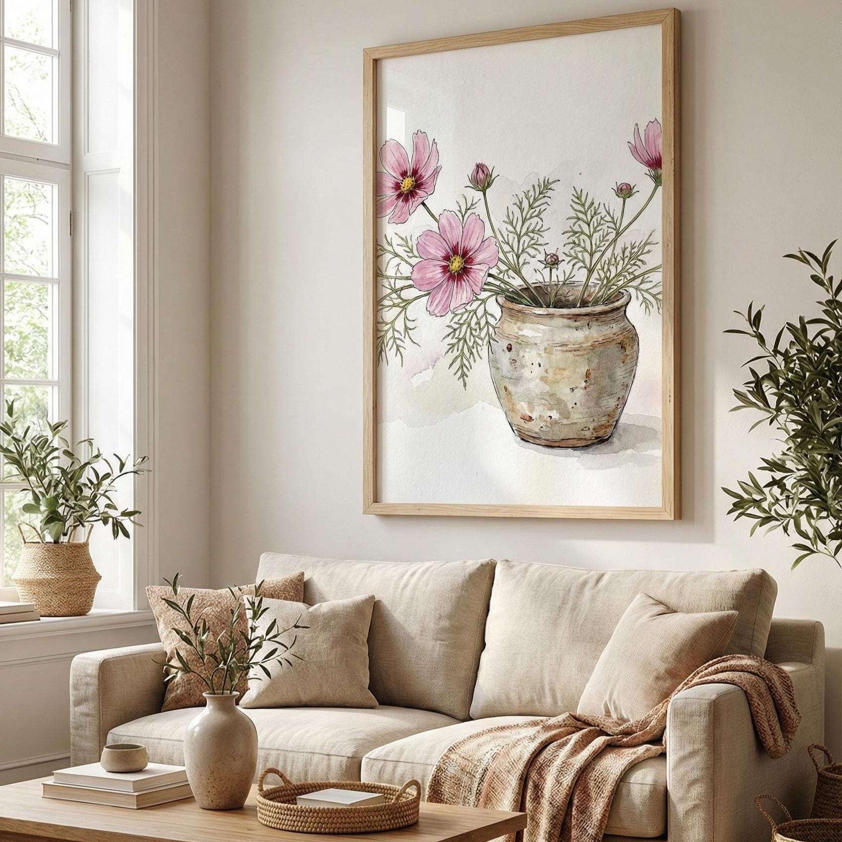 Flower Pot Wall Art: Pink Watercolor Print (Framed or Canvas)