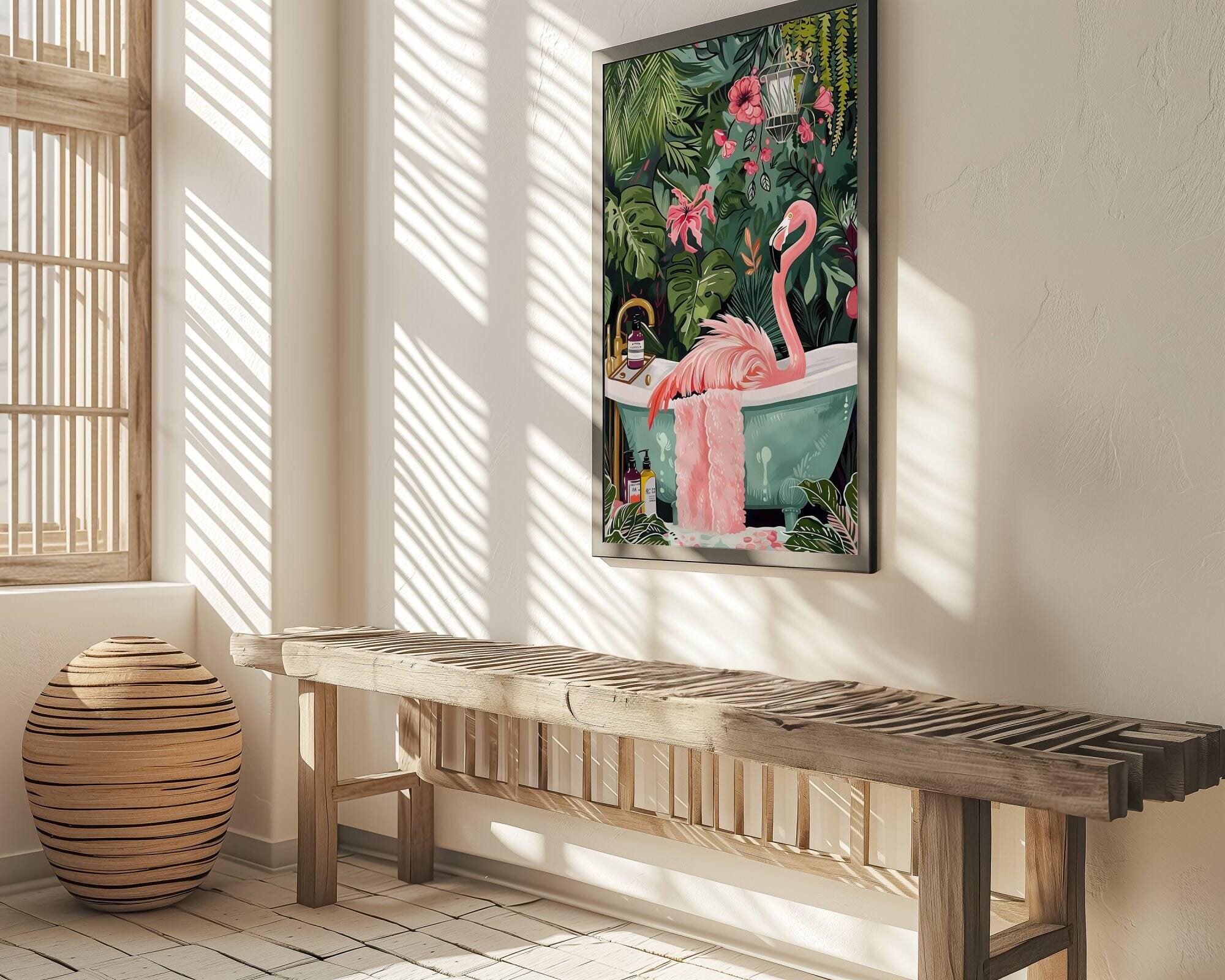 The Jungle Oasis: Whimsical Flamingo in Bathtub Art | Playful & Eclectic Bathroom Decor
