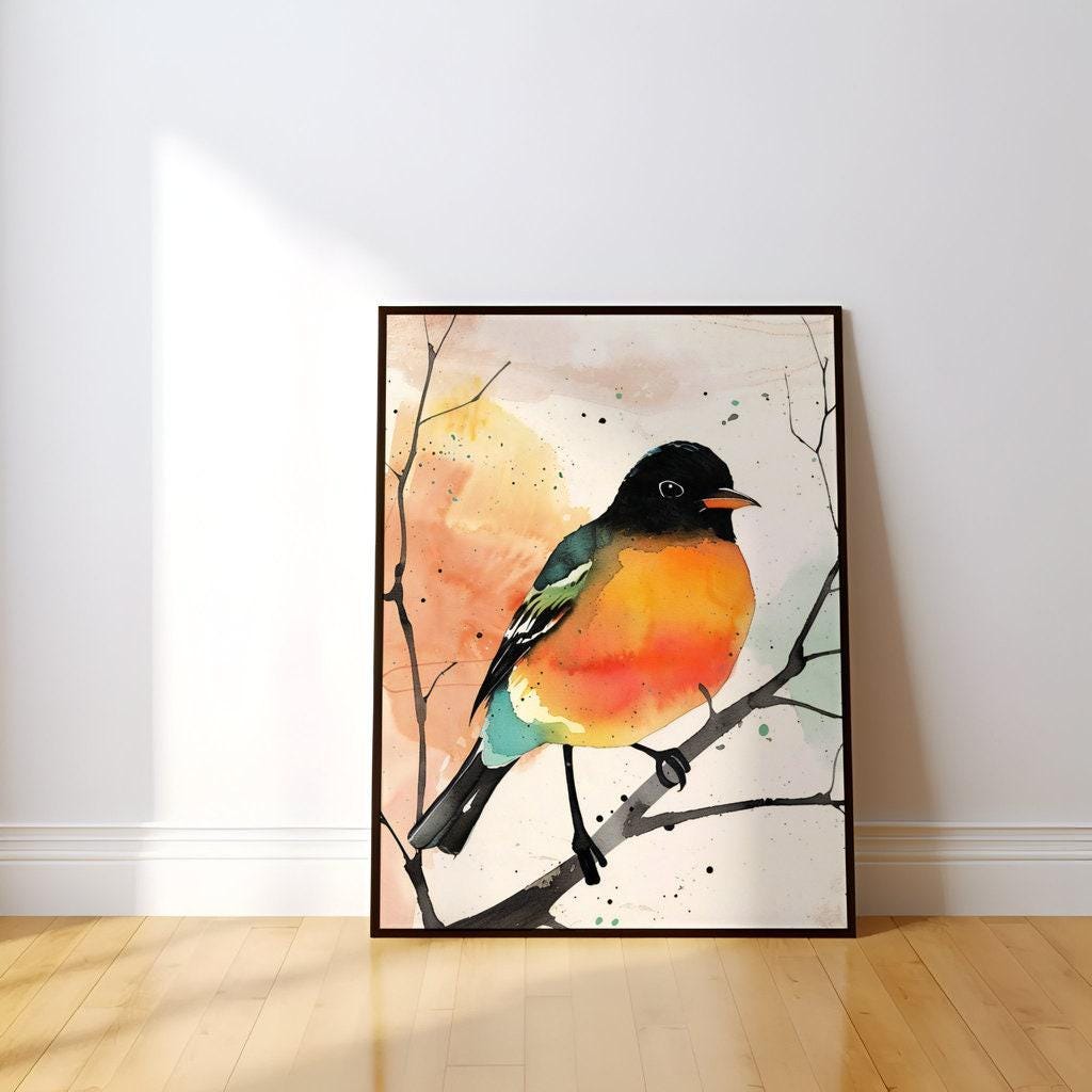 The Soloist: Vibrant Orange & Black Bird Watercolor Art | Modern Abstract Wall Decor