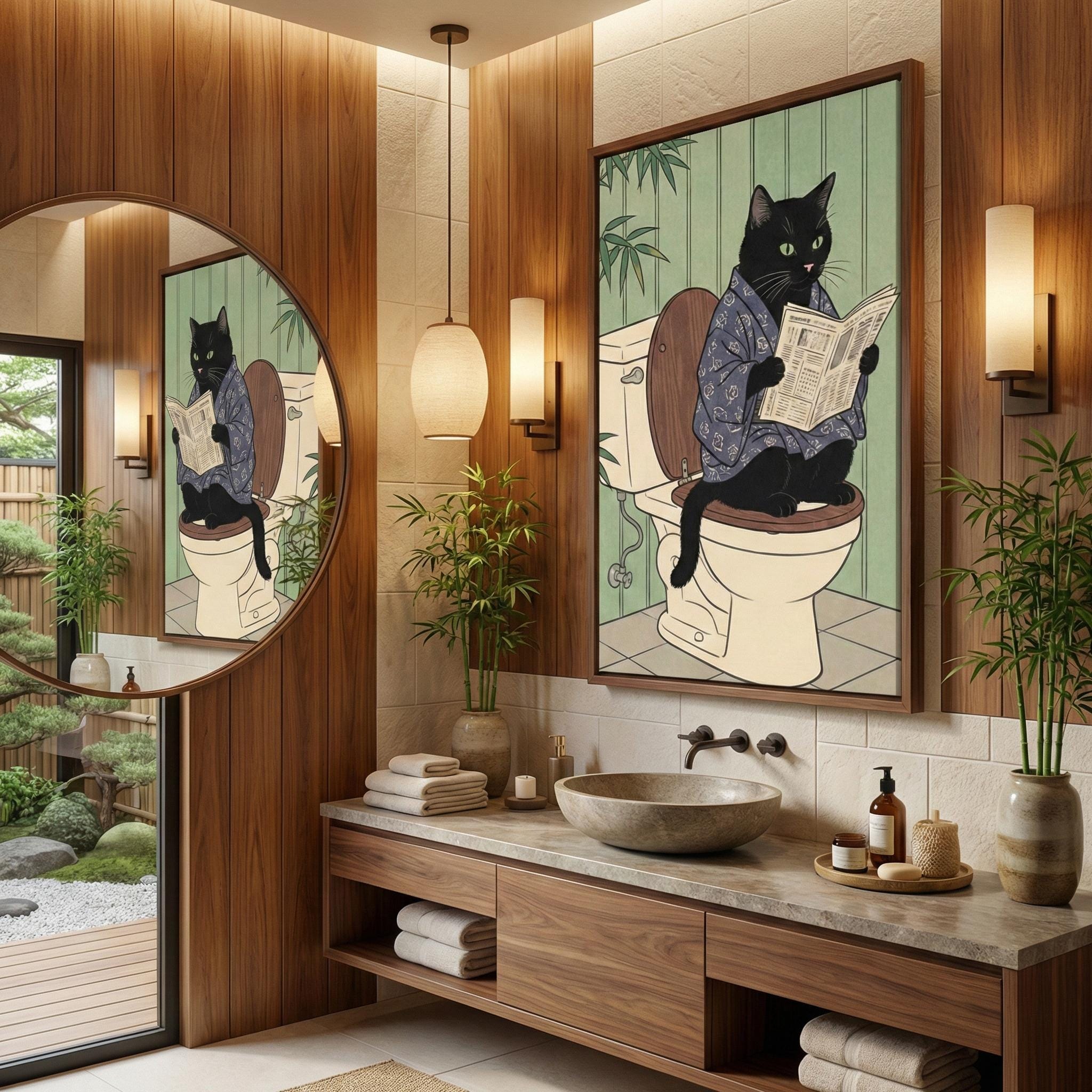 Japanese Style Black Cat Print, Toilet Humor (Canvas or Paper)