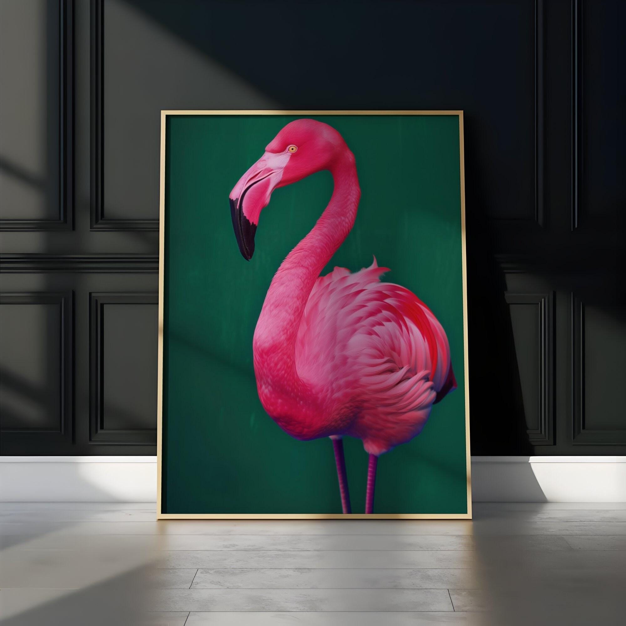 Bright Pink Flamingo Wall Art - Neon Colors with Emerald Green Background