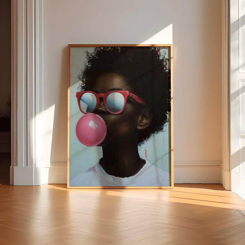 Vibrant African American Portrait Canvas: Bold Colors, Bubble Gum Pop