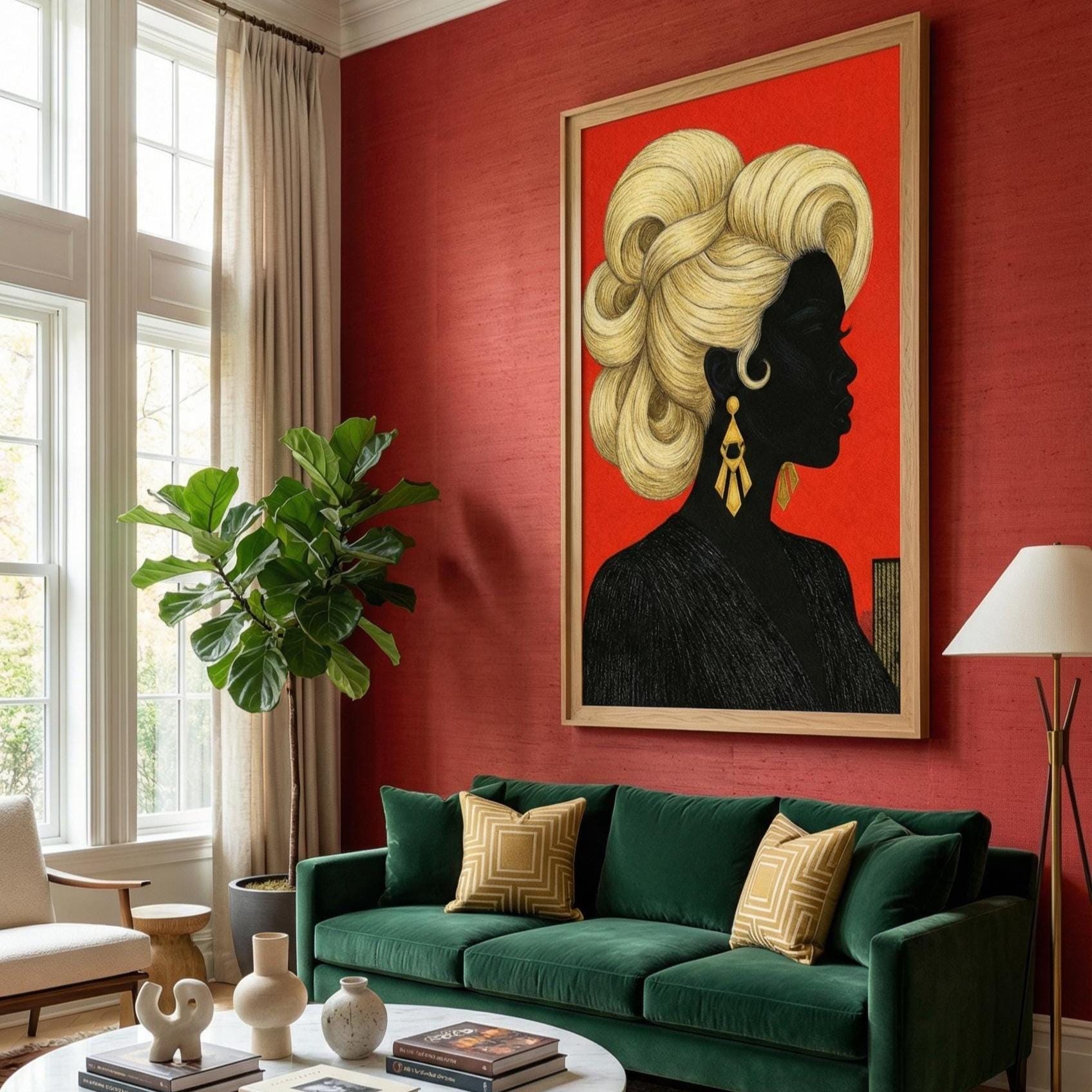 Women and Golden Hair Wall Art Print: Modern Home Decor