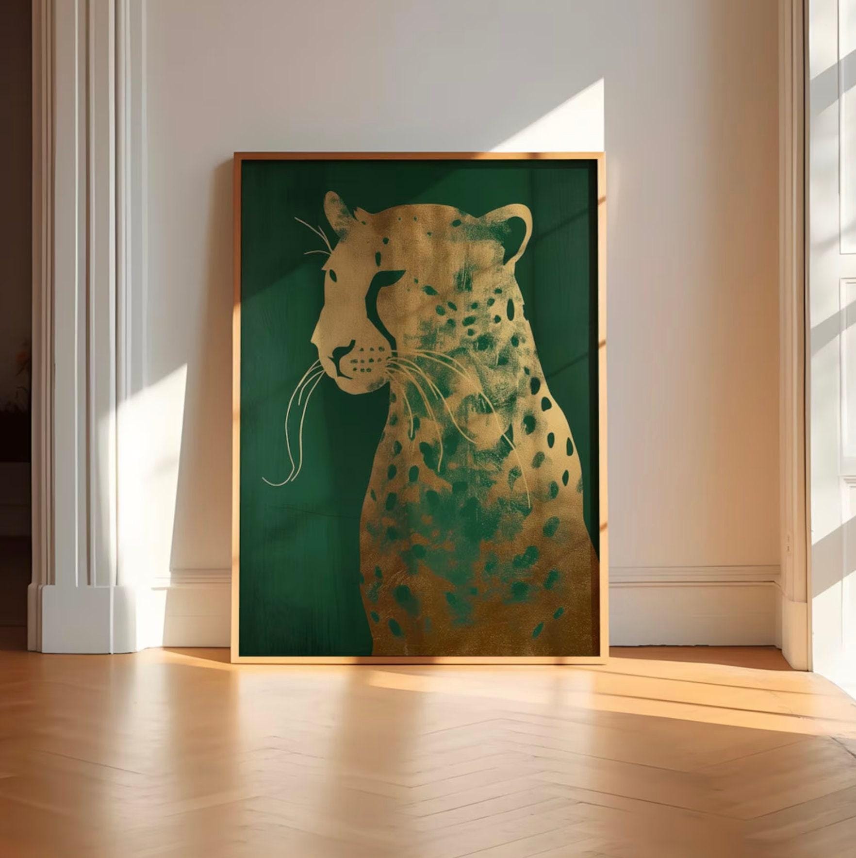 Green and Gold Leopard Art: Maximalist Emerald Wall Decor