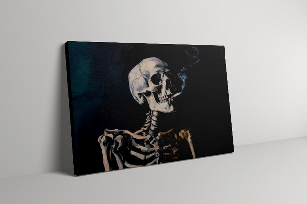 A painting of a skeleton smoking a cigarette against a dark background.