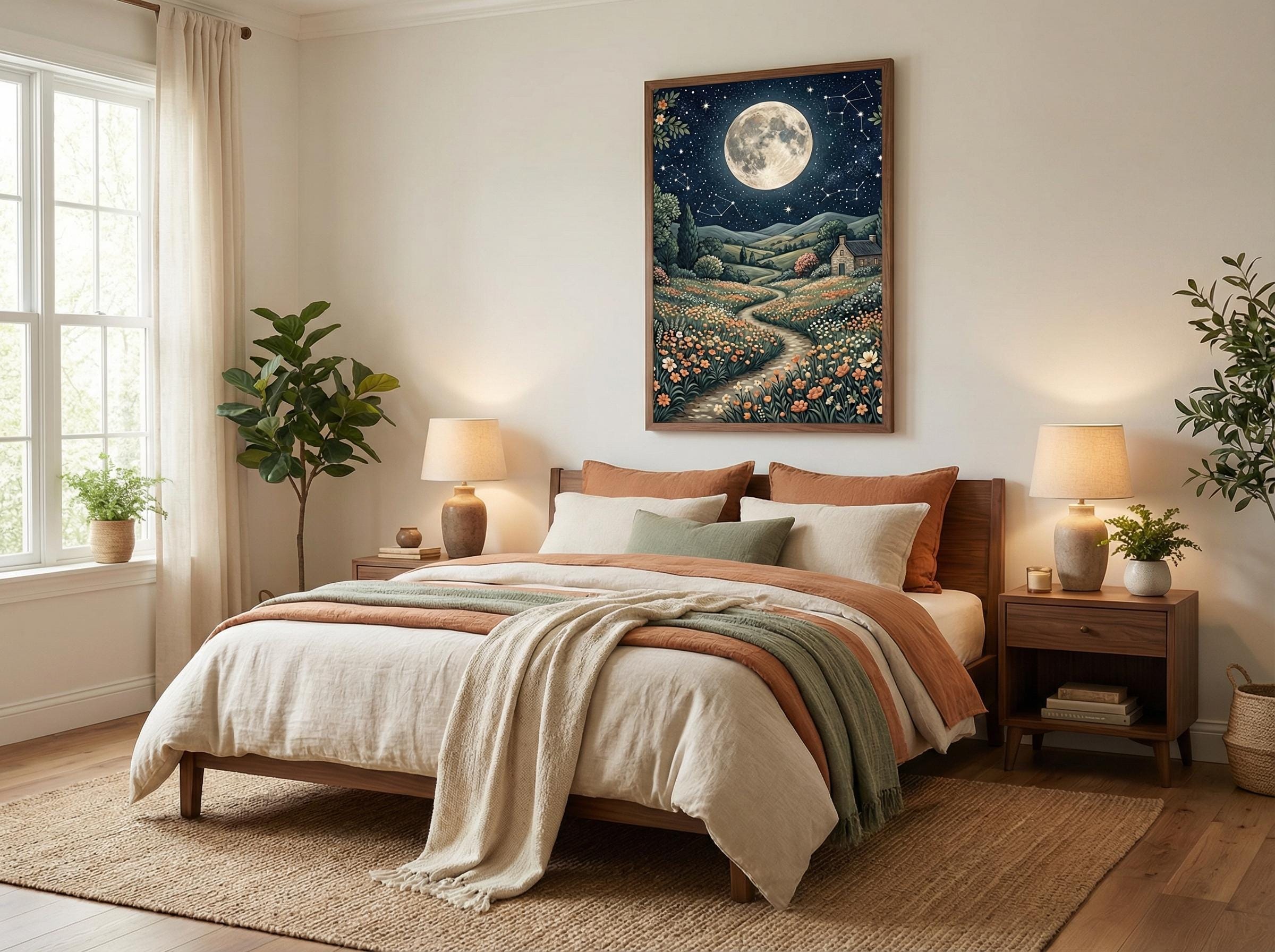 Moon and Flower Trail Art Print (Matte, Canvas, Framed Choices)