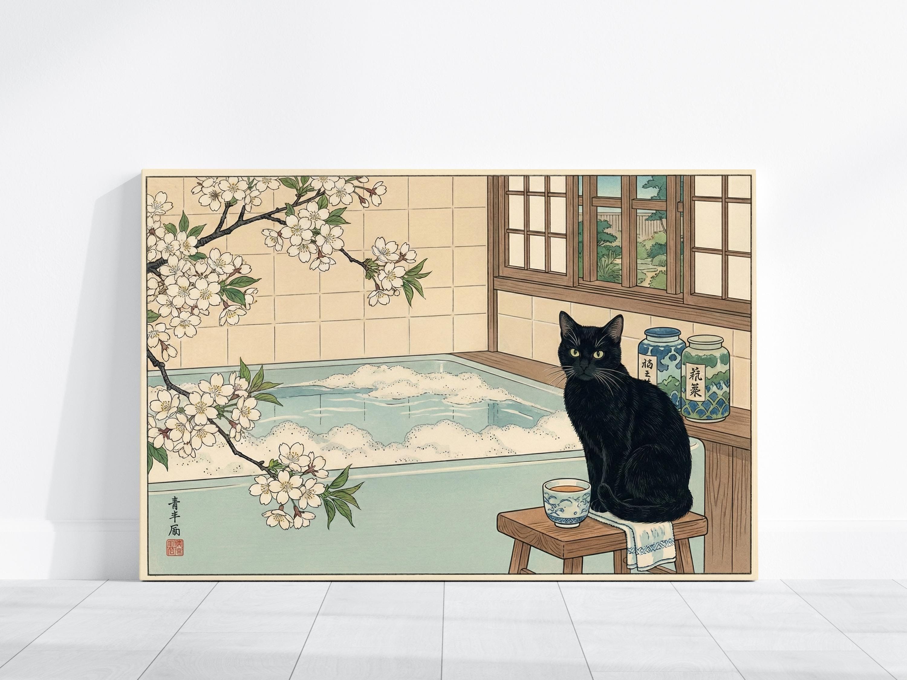 Ukiyo-e Black Cat Wall Art - Japanese Onsen Bathhouse Scene