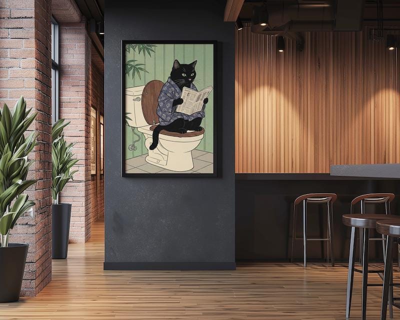 Japanese Style Black Cat Print, Toilet Humor (Canvas or Paper)