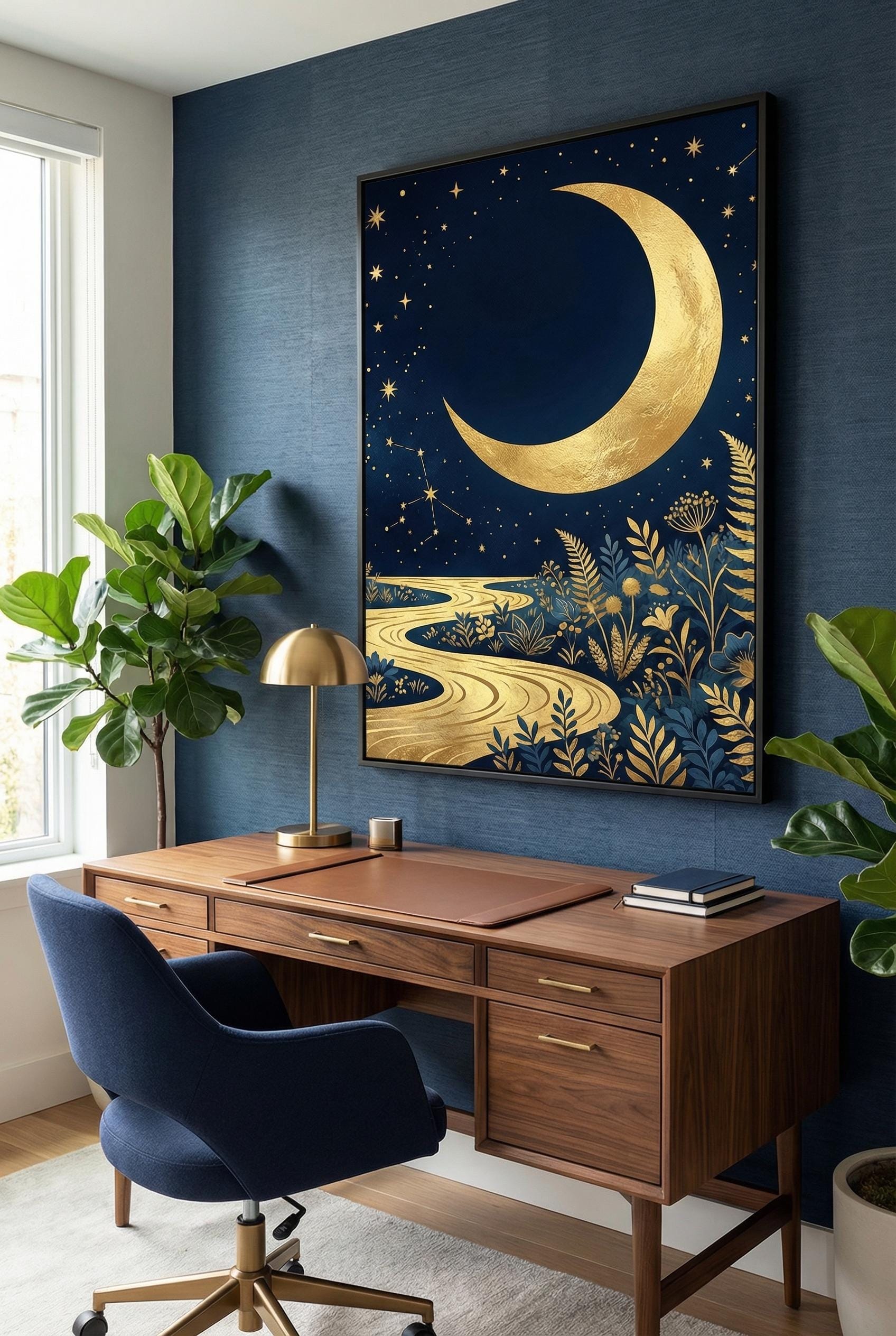 Wall Art Print: Golden Moon and Blue River - Abstract Design