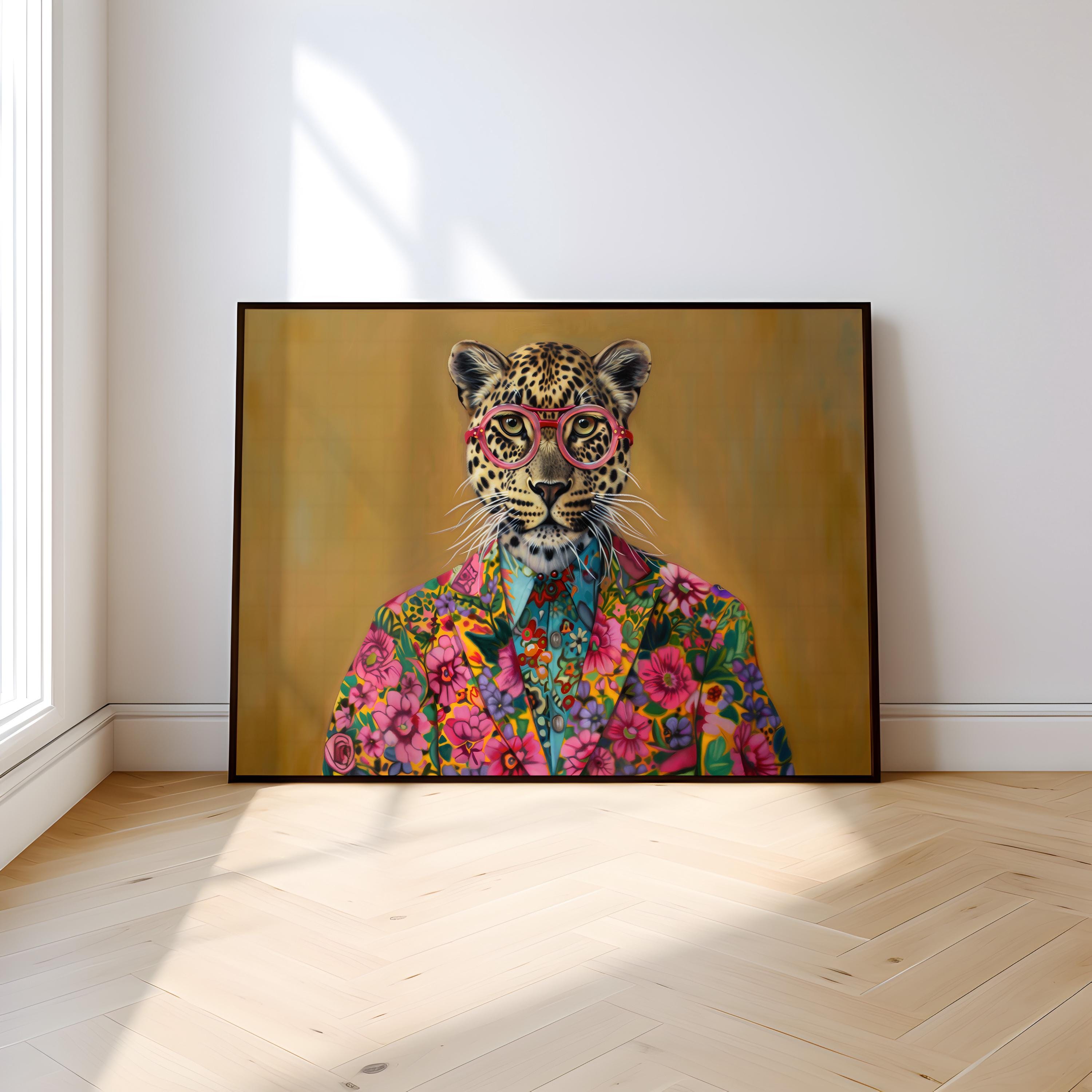 The Fashionista: Chic Leopard in Pink Glasses & Floral Jacket | Vibrant & Modern Animal Print Decor