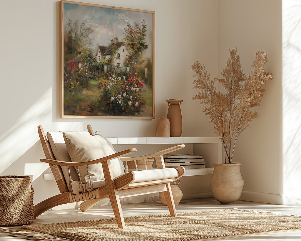 Vintage Cottage Rose Garden Art Print | Nostalgic & Tranquil Floral Wall Decor