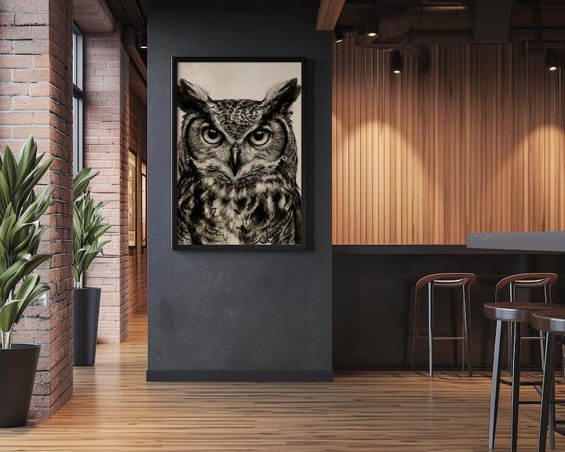 Great Horned Owl Wall Art: Rustic Charcoal Sketch - Nature Inspired