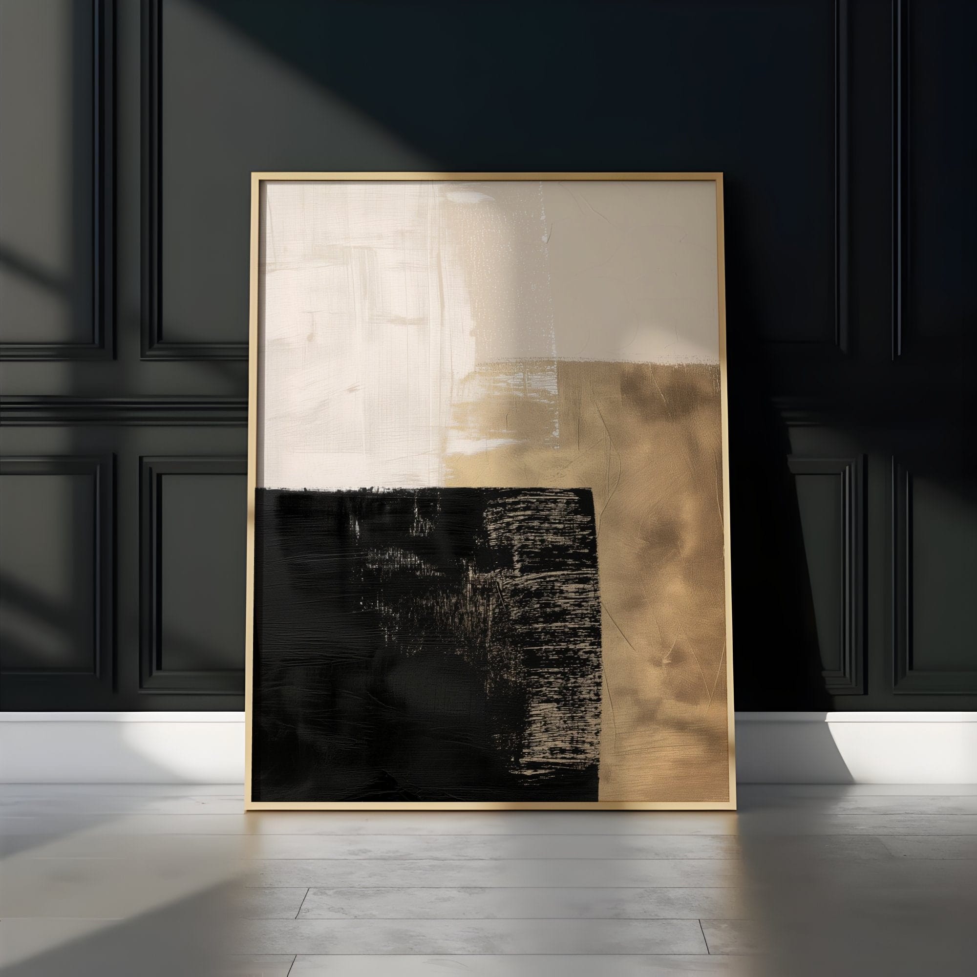 Abstract Canvas Art: Black, Gold, and Beige - Minimalist Decor
