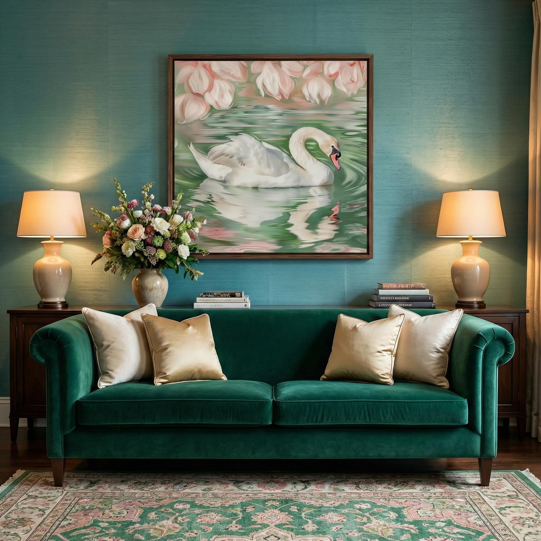 Swan Wall Art: Soft Pink Green Illustration - Calm Nature Scene