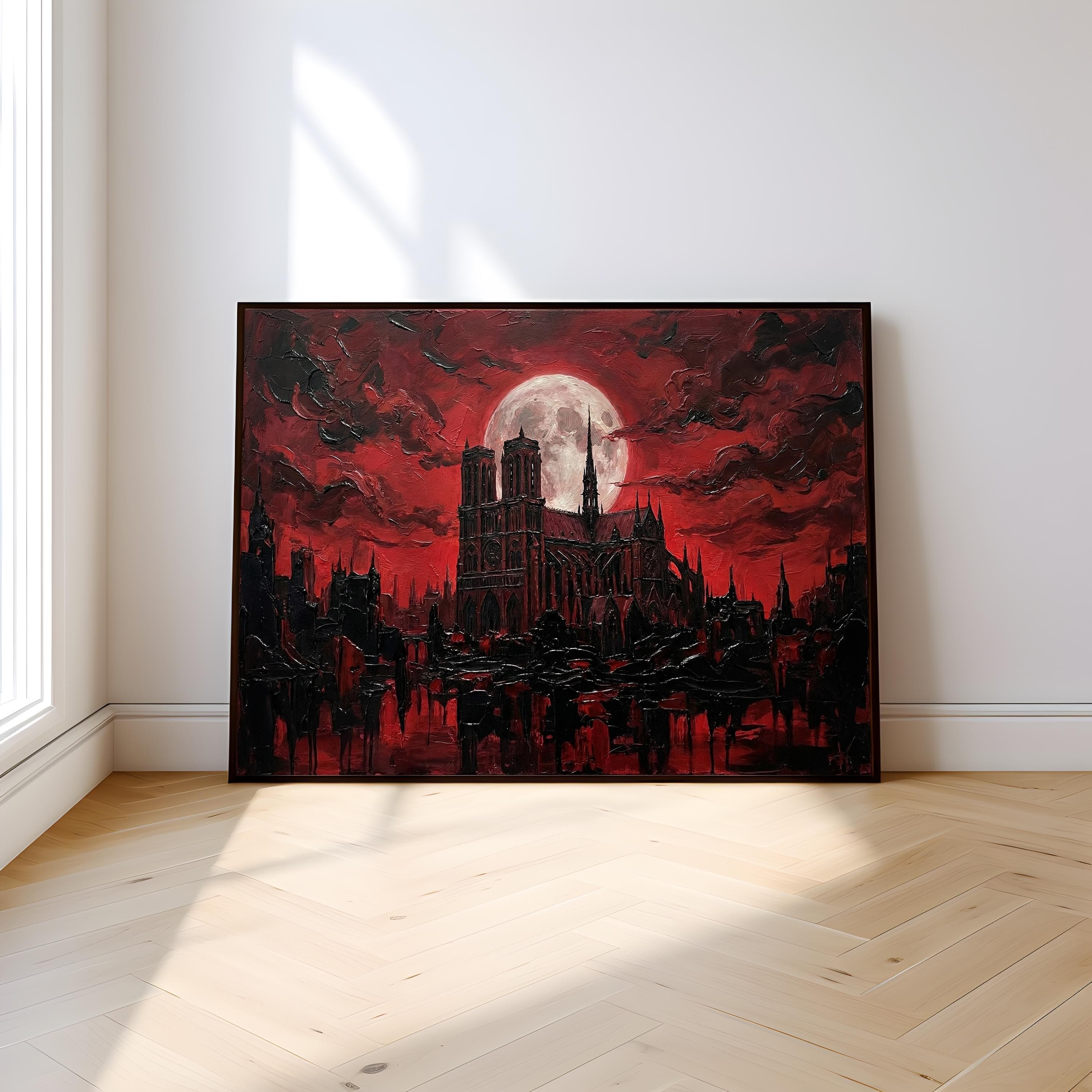 Gothic Cathedral Canvas Print, Blood Moon Cityscape (Dark Fantasy Decor)