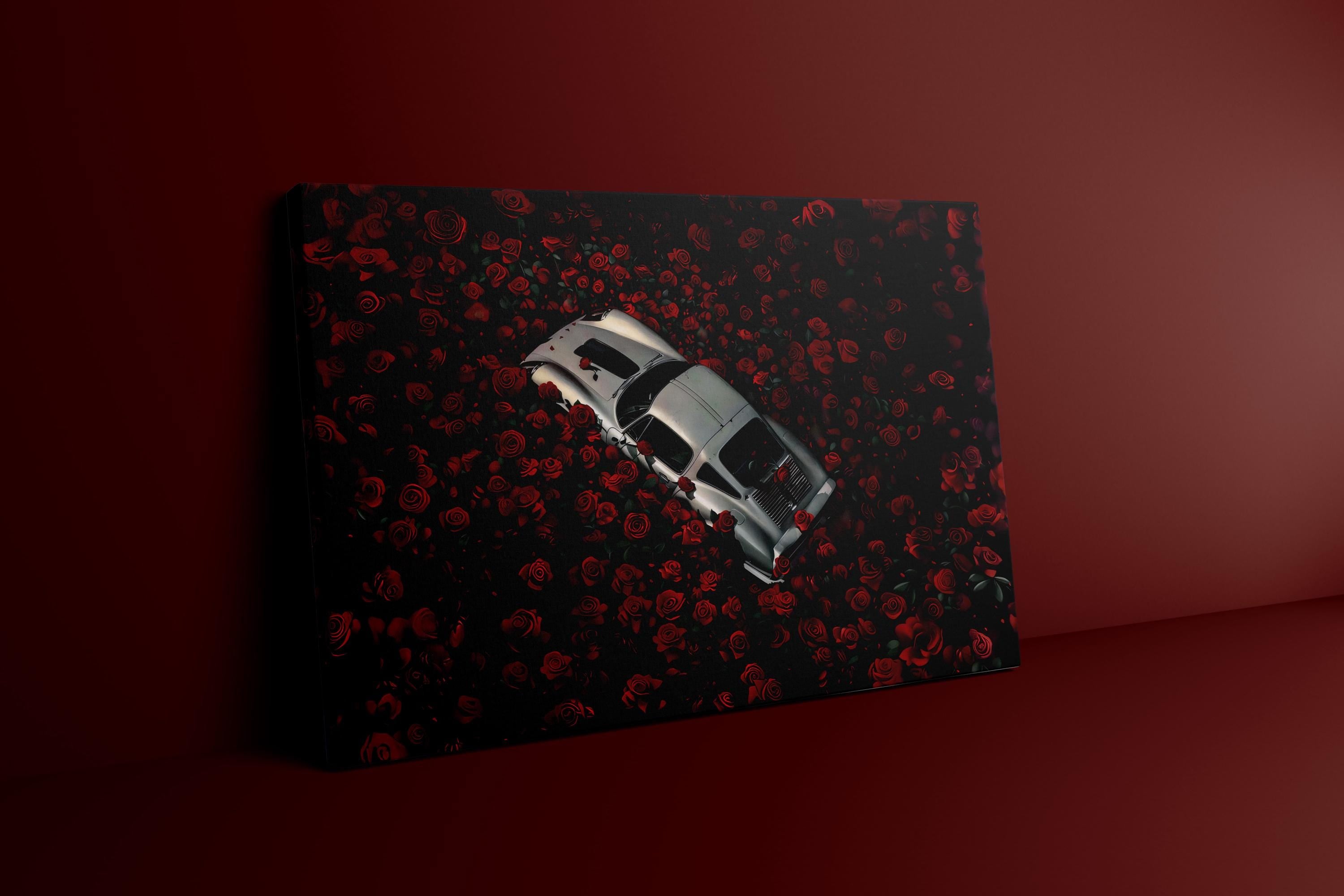 The Last Love Affair: Moody Vintage Car & Red Roses Art | Dark, Romantic & Cinematic Decor