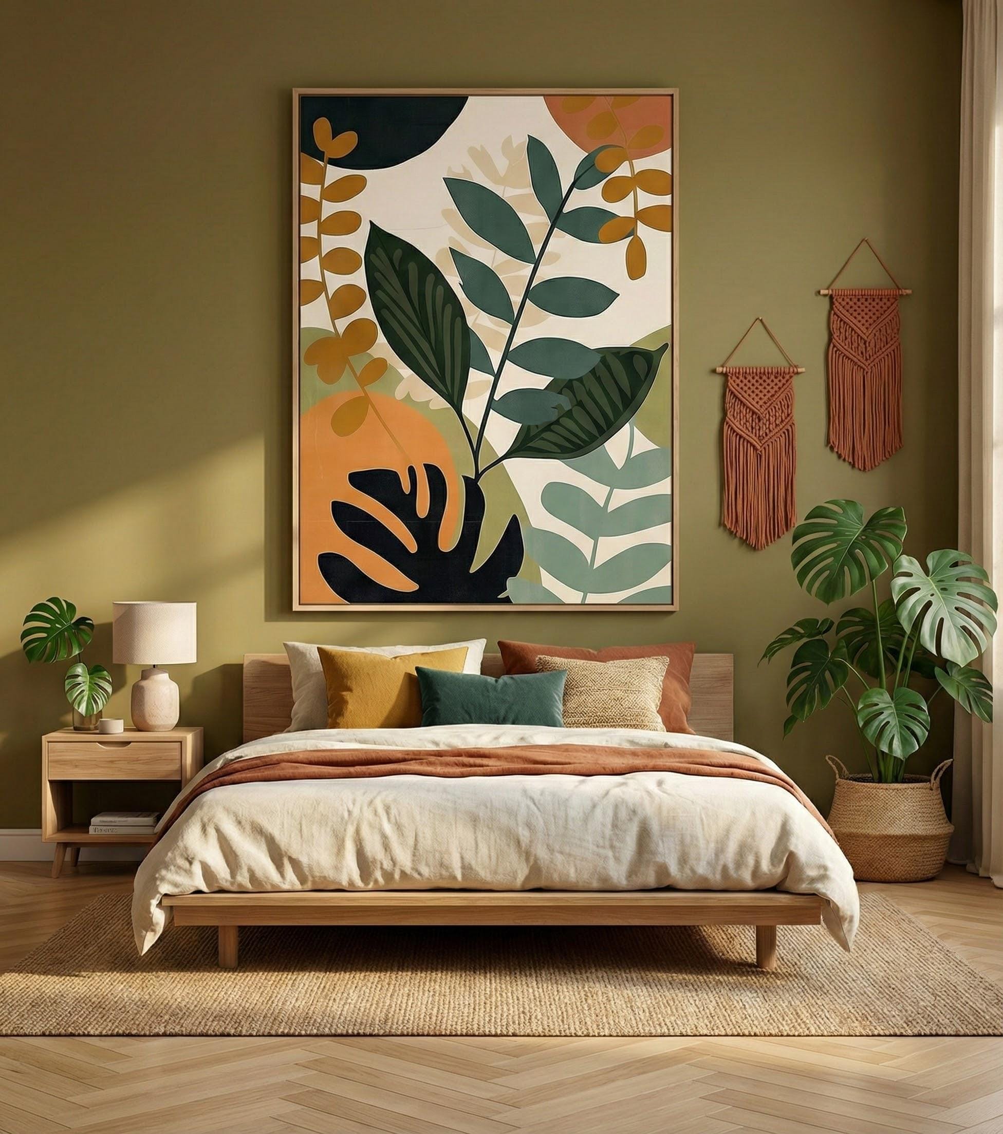 Boho Tropical Leaves Canvas, Mid-Century Modern Style (Ready to Hang)
