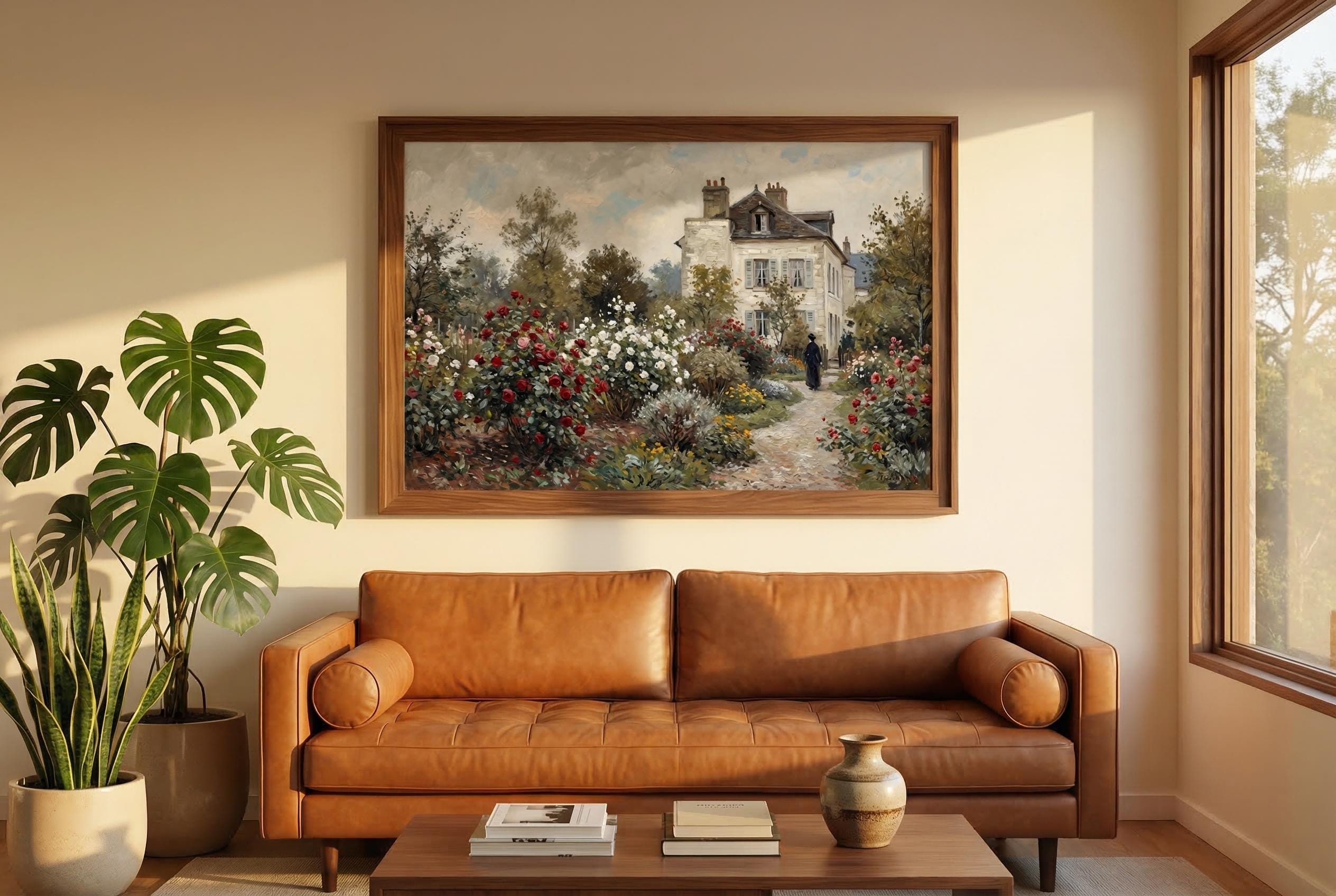 Vintage Rose Garden Painting French Country House Art Impressionist Cottage Landscape Print Wall Art