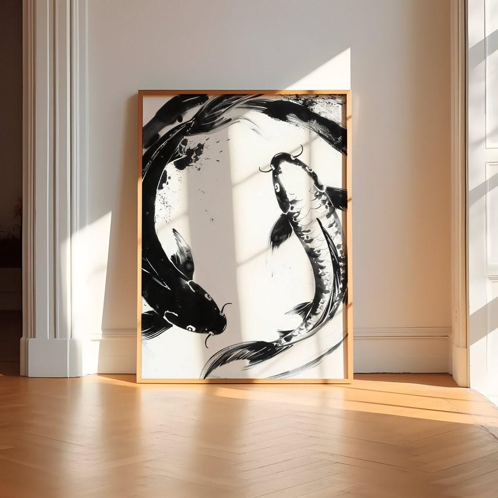 The Dance of Two: Abstract Black & White Koi Fish Art | Modern & Serene Wall Decor