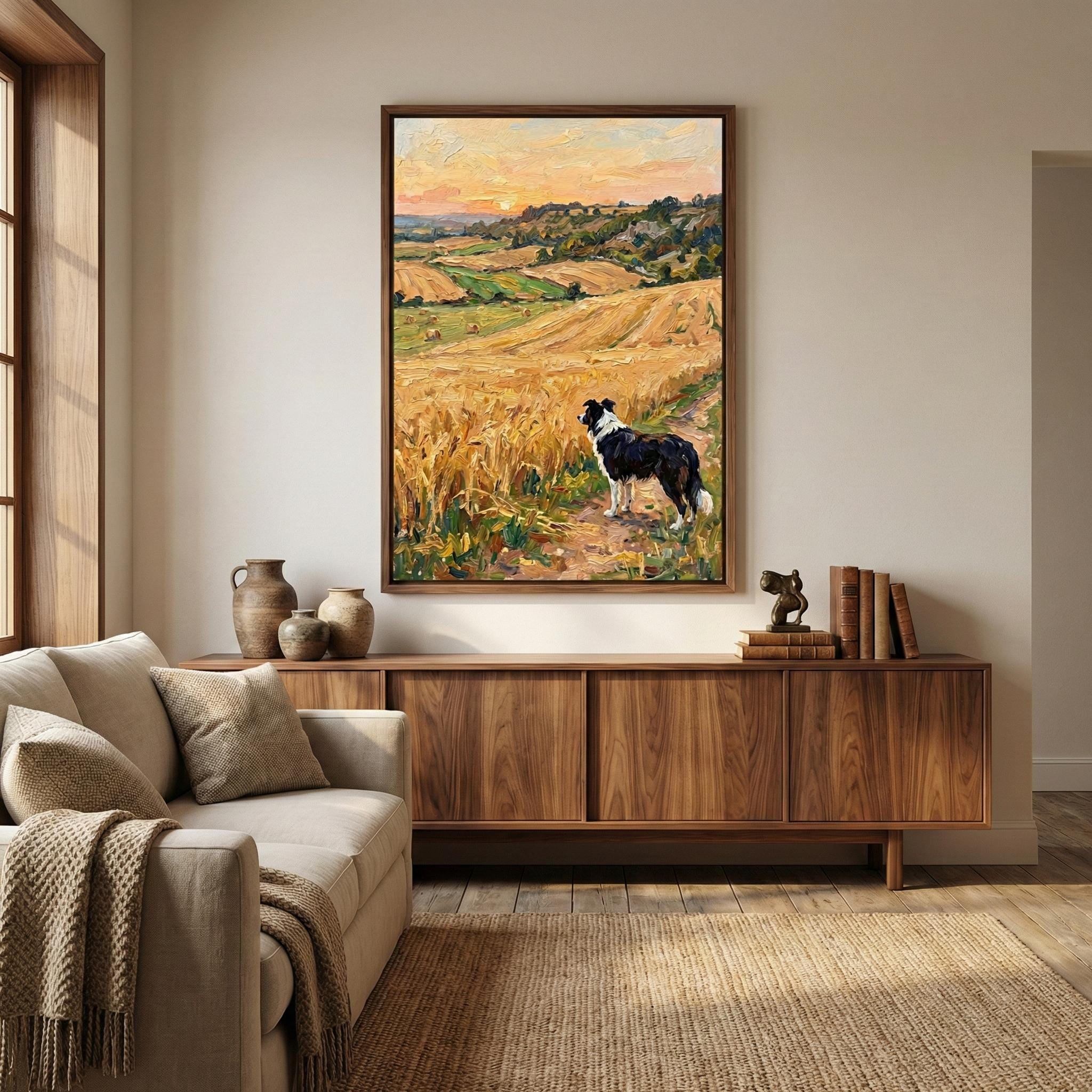 Rustic Border Collie Wall Art - Golden Wheat Field Scene