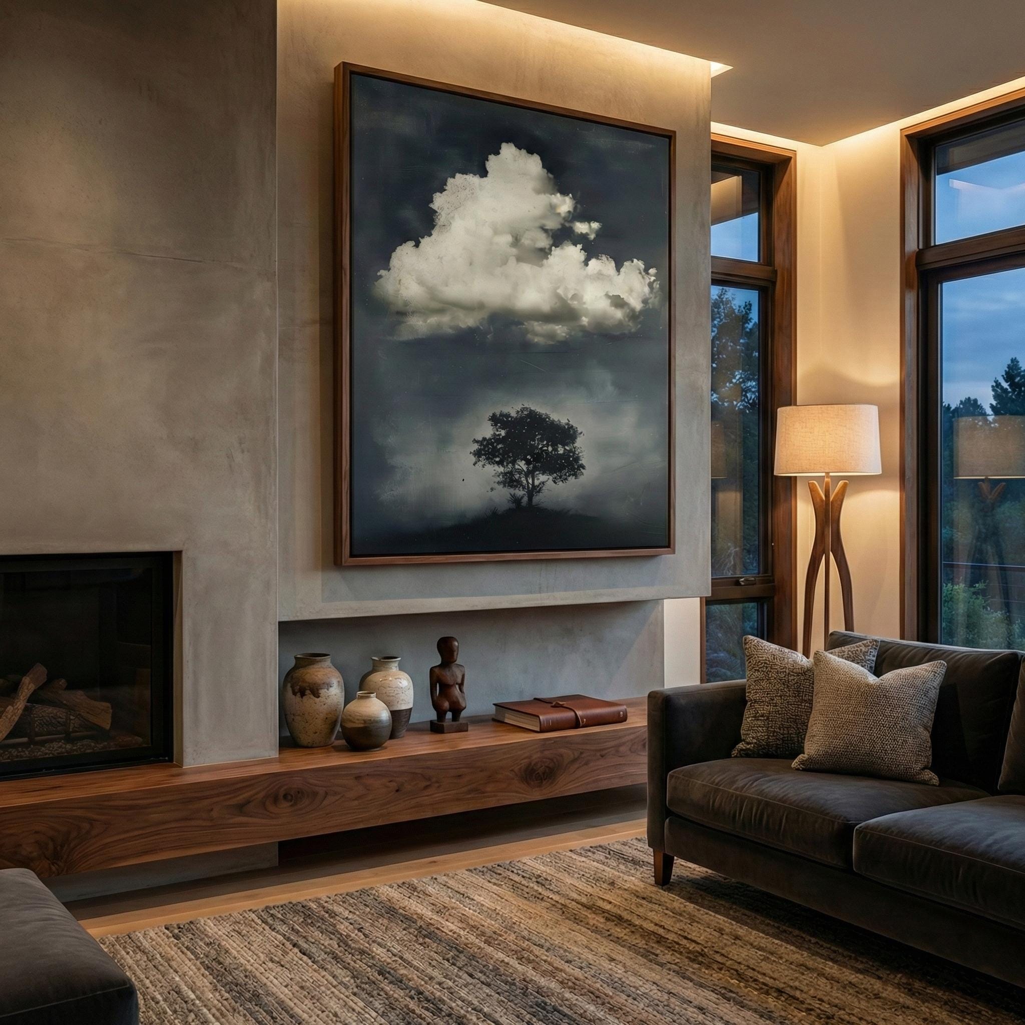 The Watcher Wall Art: Moody Tree and Cloud Scene, Vintage Style