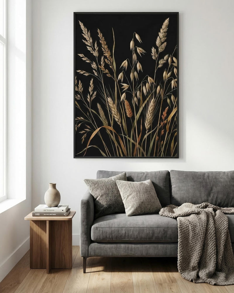 Vintage Wheat Grass Art Moody Botanical Print Dark Academia Decor Rustic Harvest Framed Canvas
