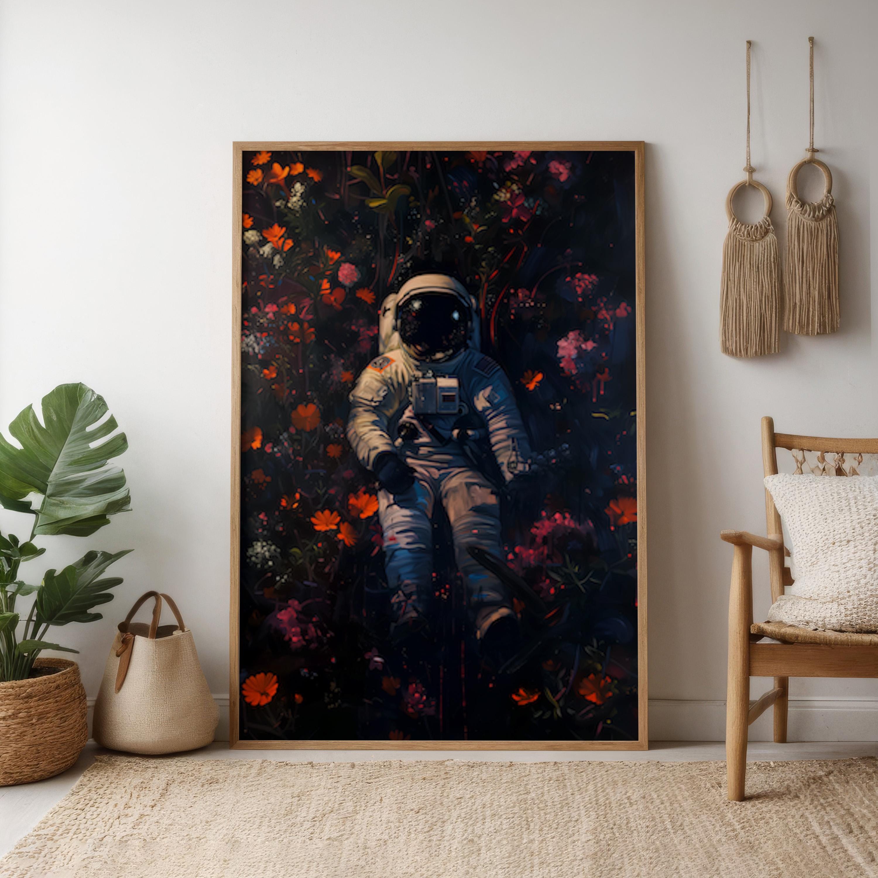 Floral Cosmos: Surreal Astronaut & Flowers Art | Whimsical Space and Nature Decor