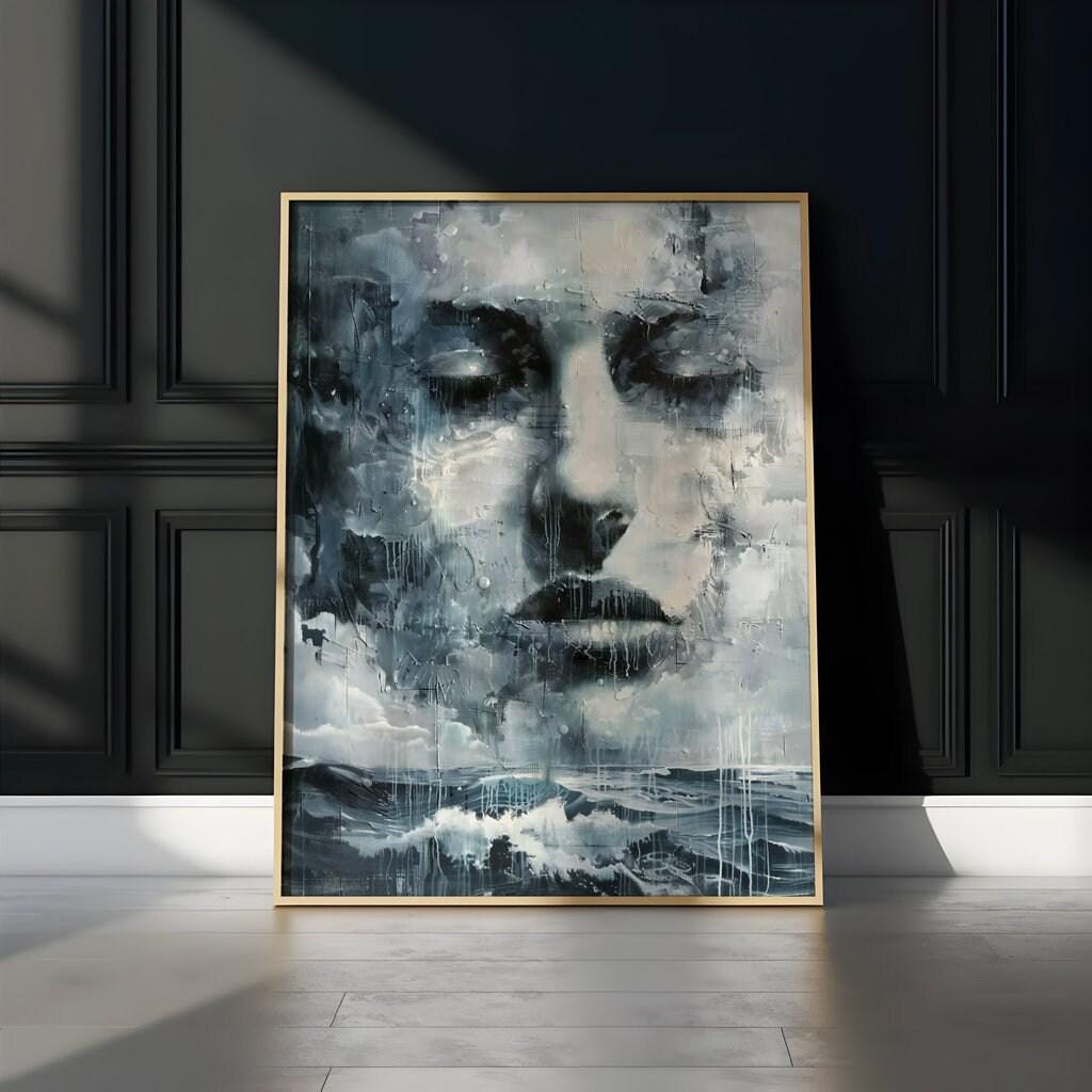 The Storm Within: Moody Abstract Face & Landscape Art | Dramatic & Contemplative Wall Decor