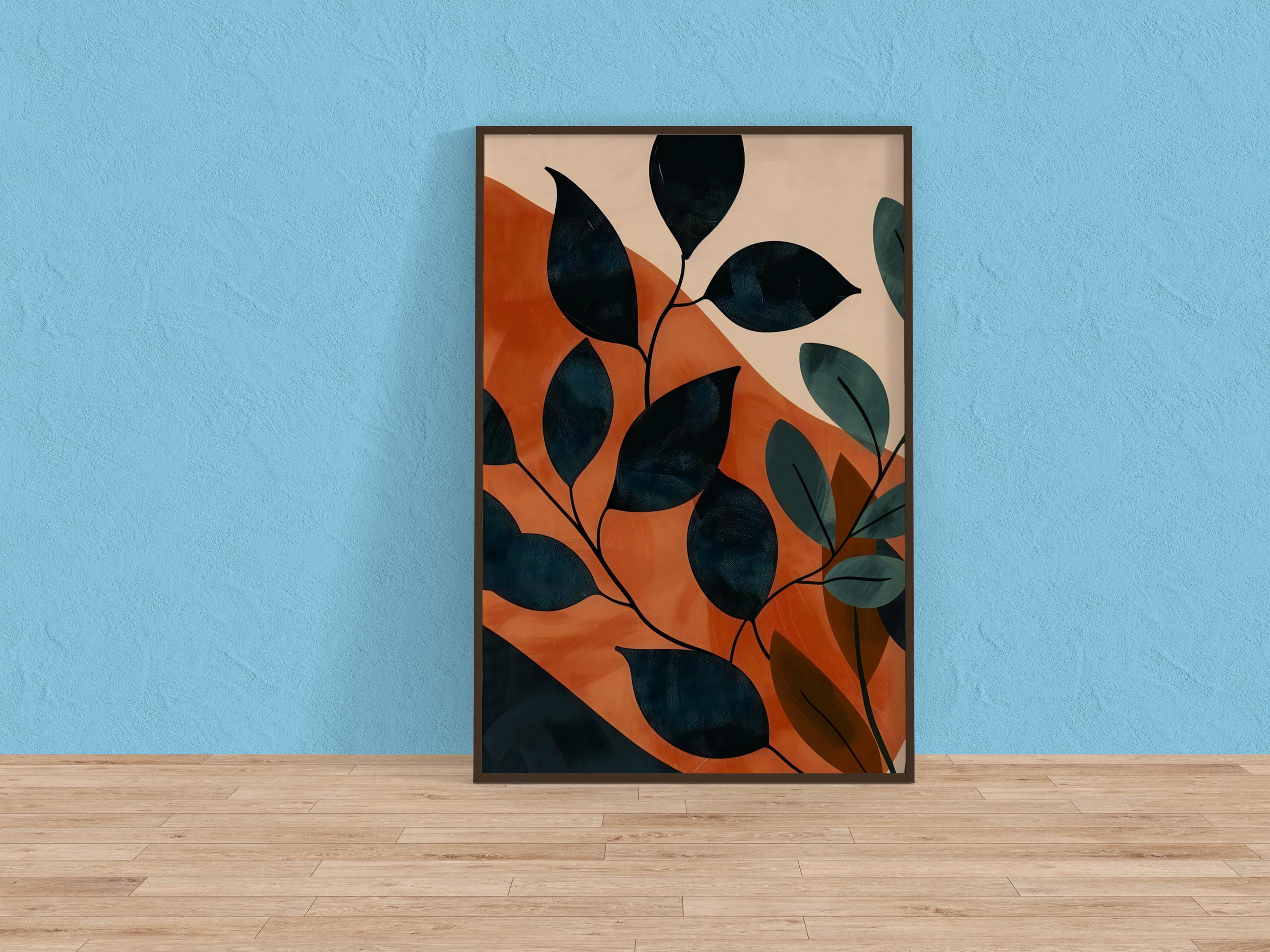 Sunset Leaves: Modern Botanical Abstract Art | Warm Orange & Green Wall Decor