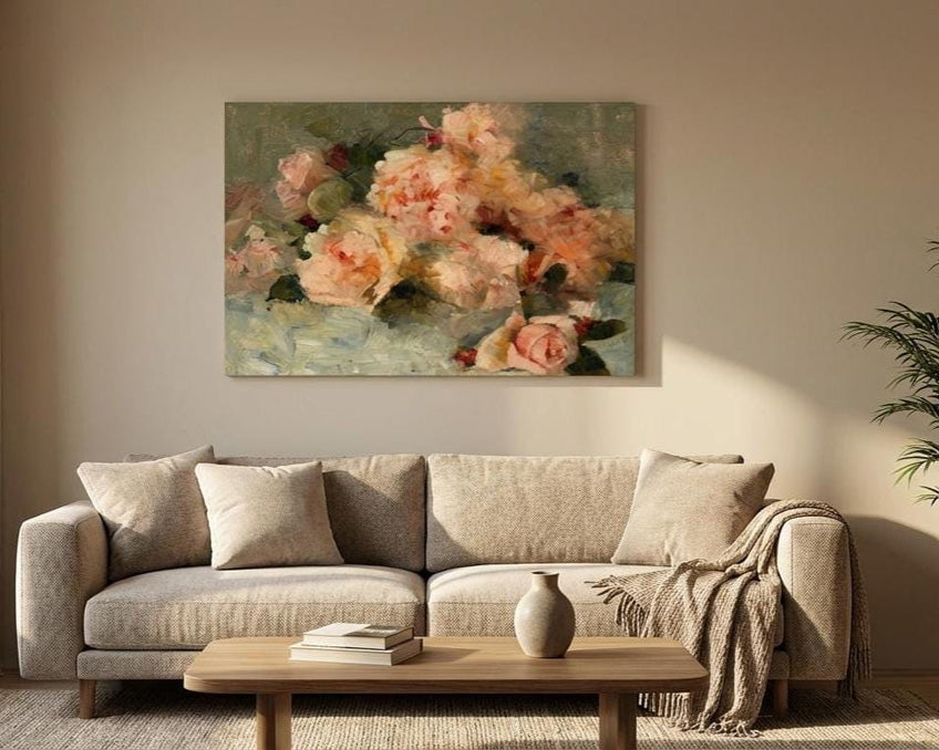 Vintage Botanical Wall Art – Pink Floral Print with Peony Rose for Elegant Bedroom Decor