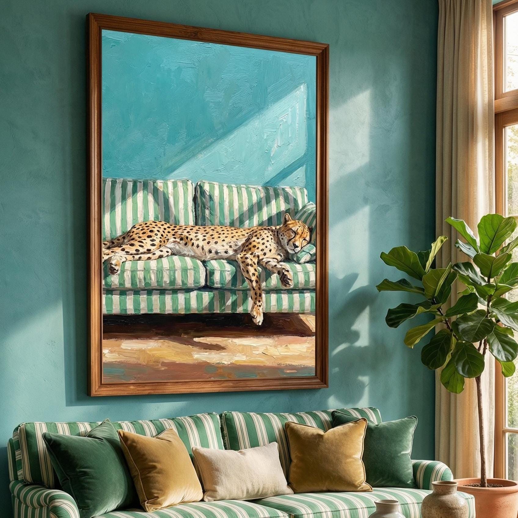 Cheetah Nap Art Print, Sofa Scene (Matte, Canvas, Framed)