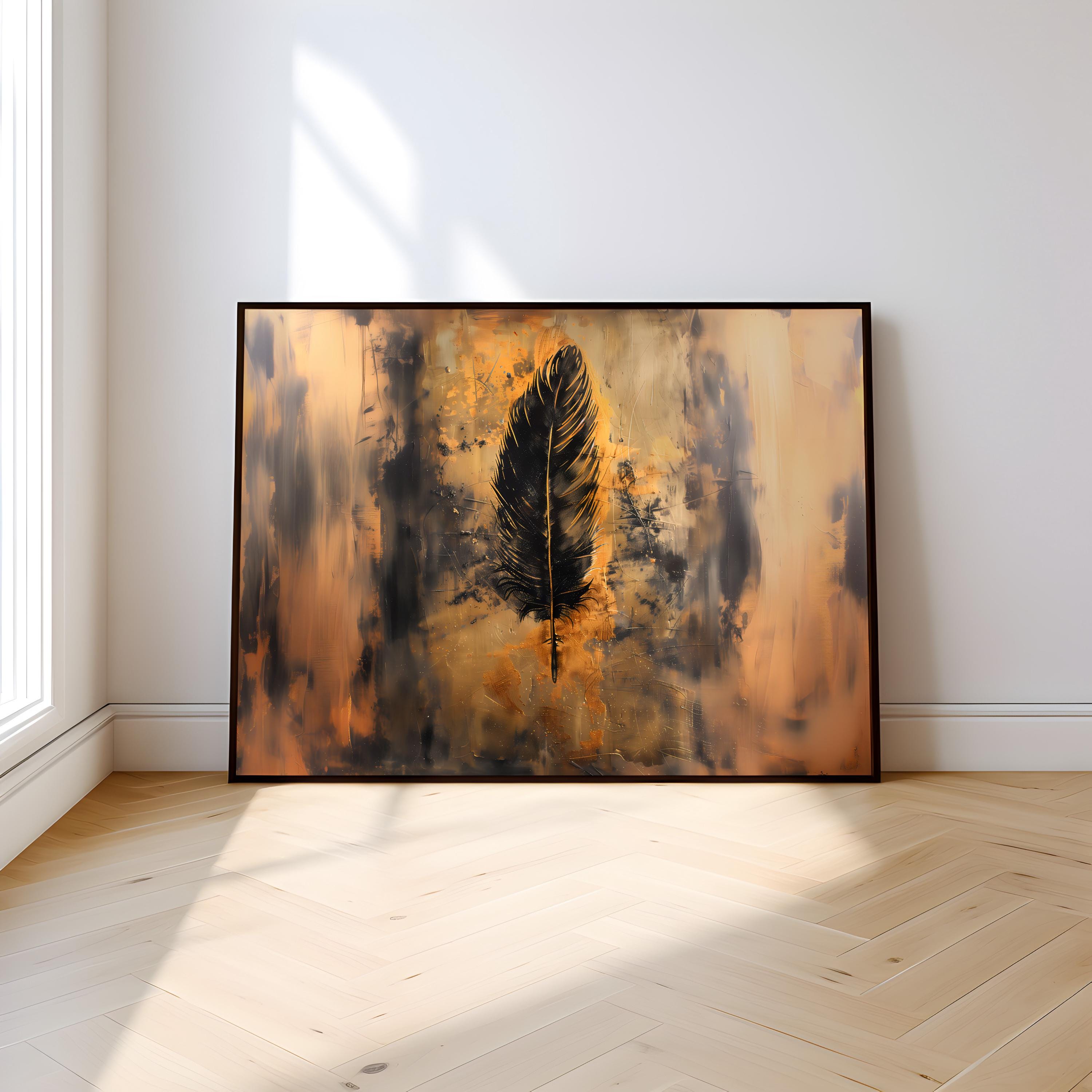 Old Feather: Modern Abstract Wall Art in Gold & Black, Framed Canvas Print, Modern Minimalist Art, Immersive Art, QR code Live Art