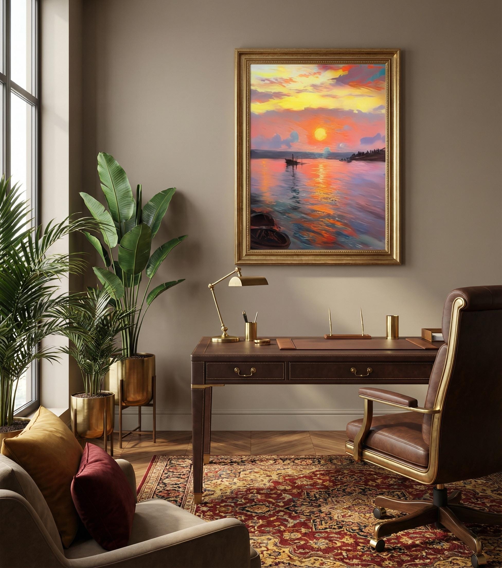 Impressionist Sunset Canvas, Minimalist Lake View (Multiple Sizes)