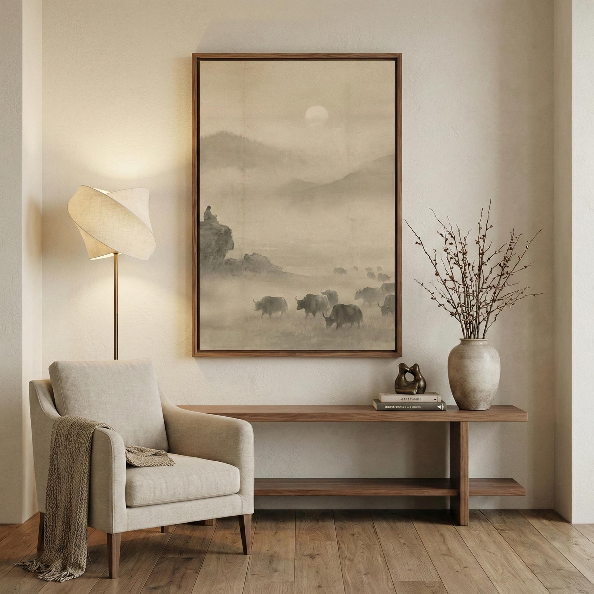 Misty Mountain Landscape: Zen Ink Wash Art (Sepia Tone)