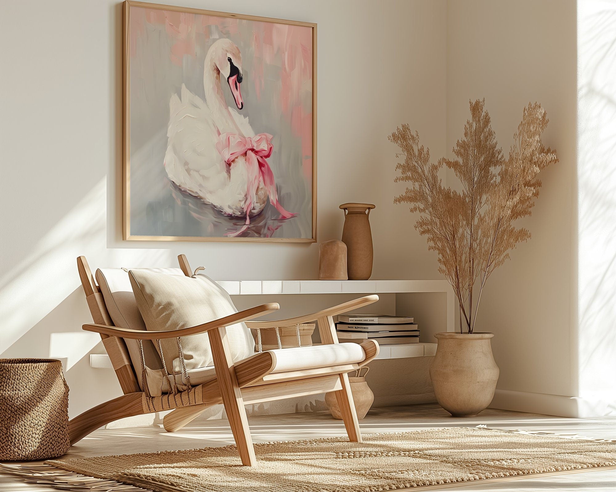 Ballerina Swan Art Print: Elegant Pink Bow, Soft Pastel Wall Decor