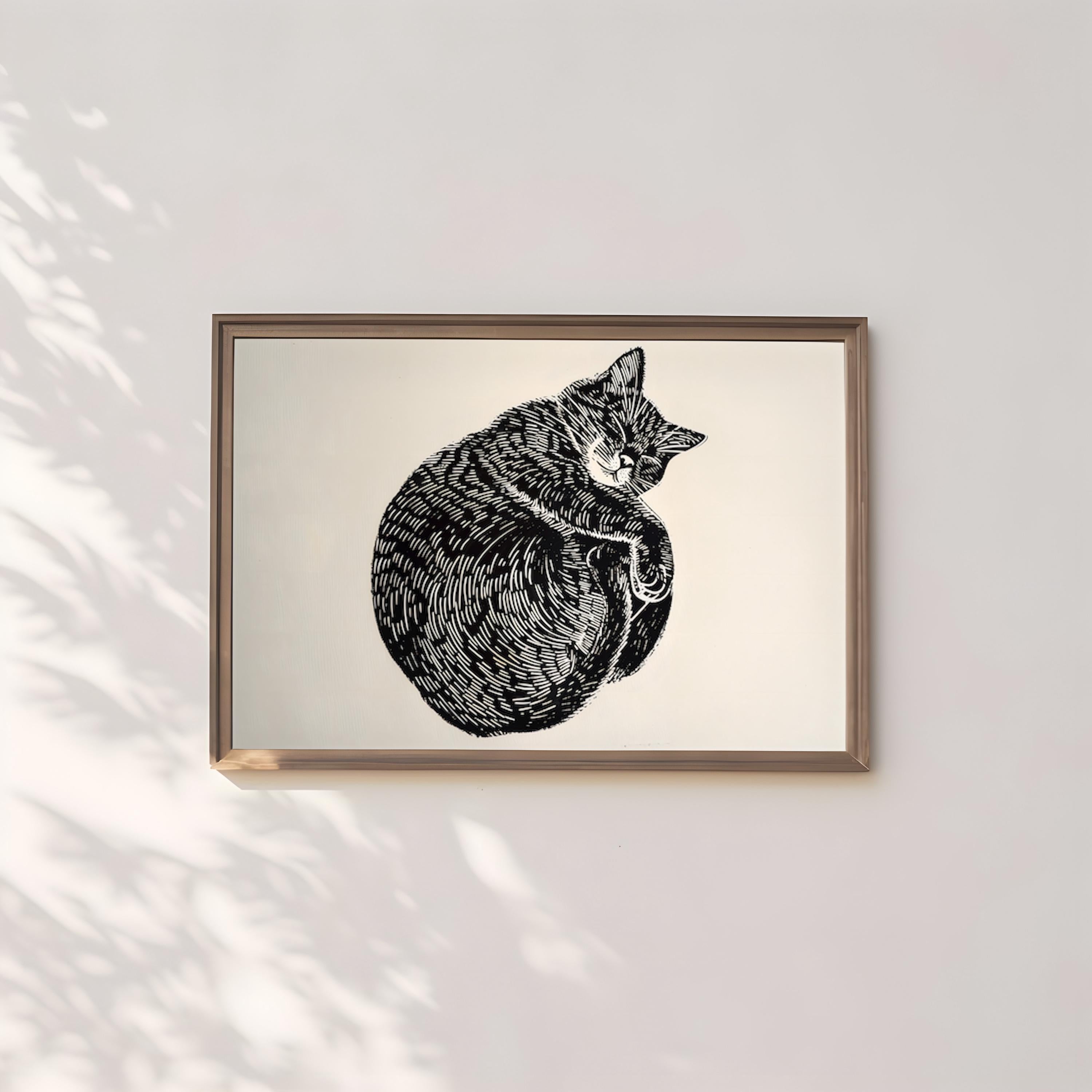 Peaceful Cat Nap: Whimsical Linocut Art Print | Cozy & Serene Wall Decor for Cat Lovers