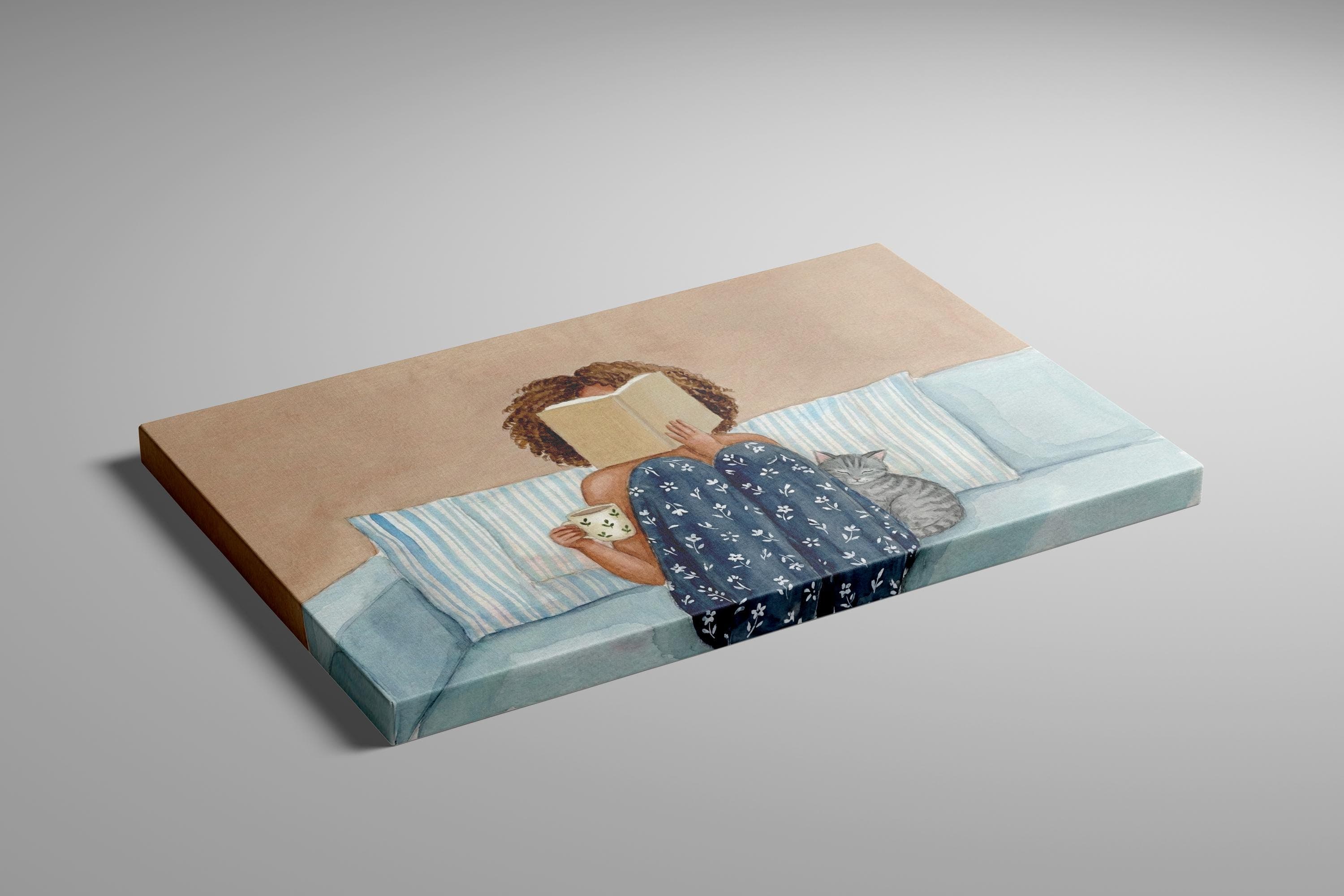 Reading Wall Art: Black Woman with Cat, Cozy Watercolor (Print or Canvas)
