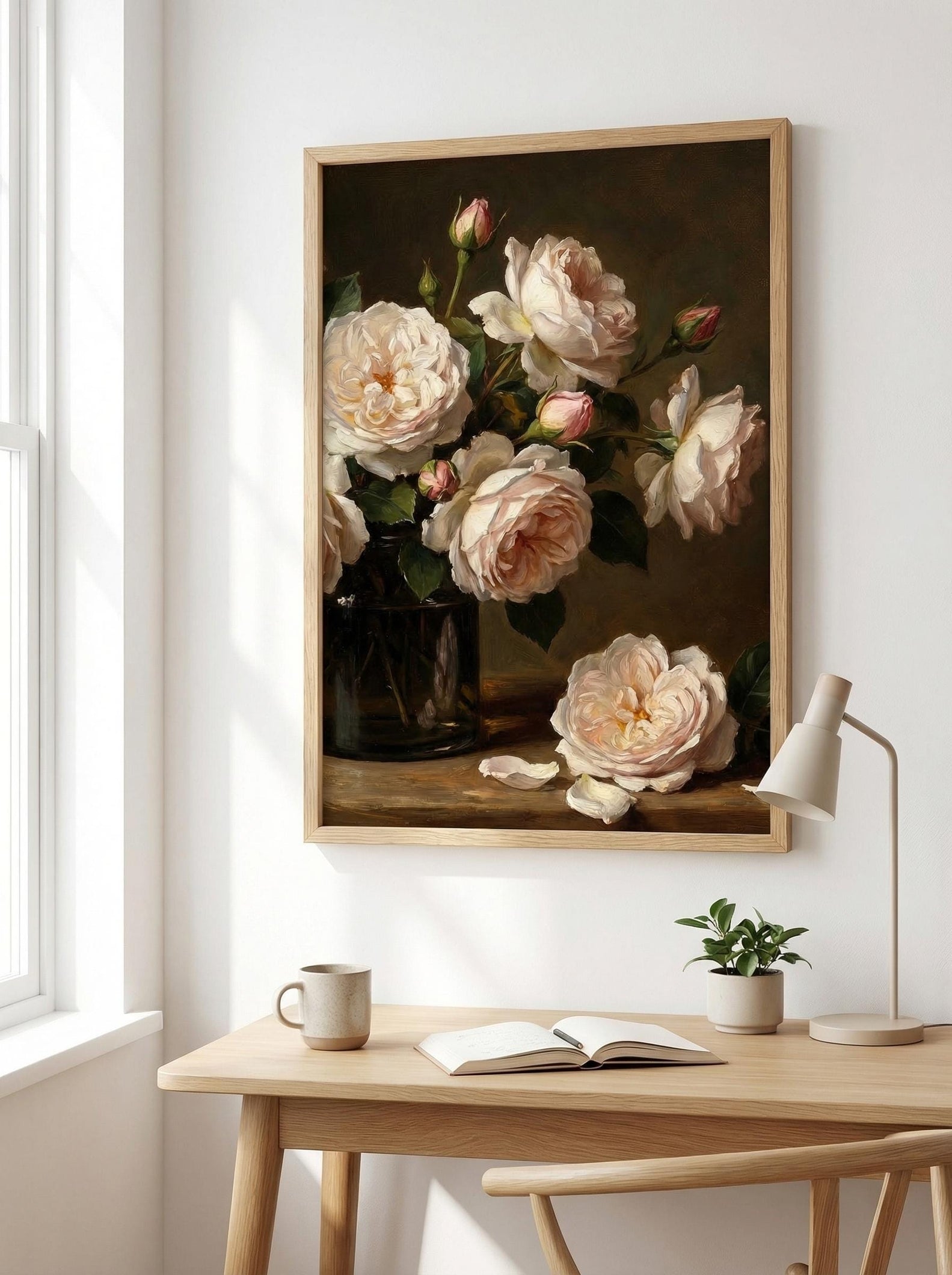 Vintage White Rose Bouquet Oil Painting Moody Floral Still Life Wall Art Dark Academia Flower Art