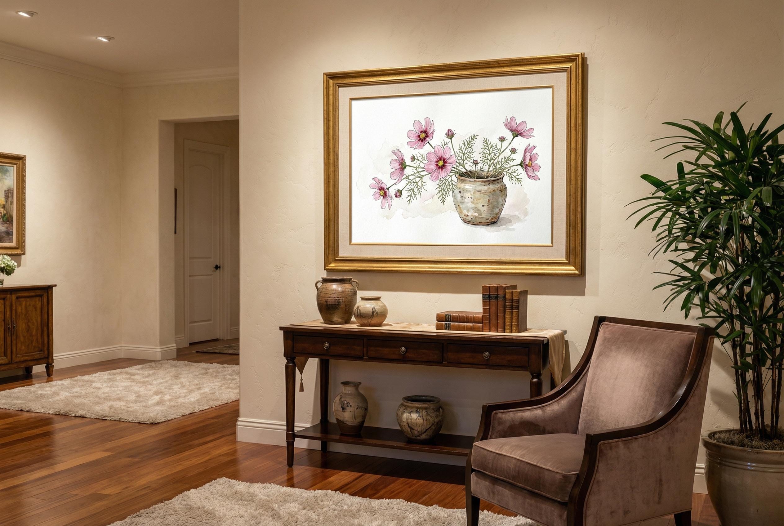 Flower Pot Wall Art: Pink Watercolor Print (Framed or Canvas)